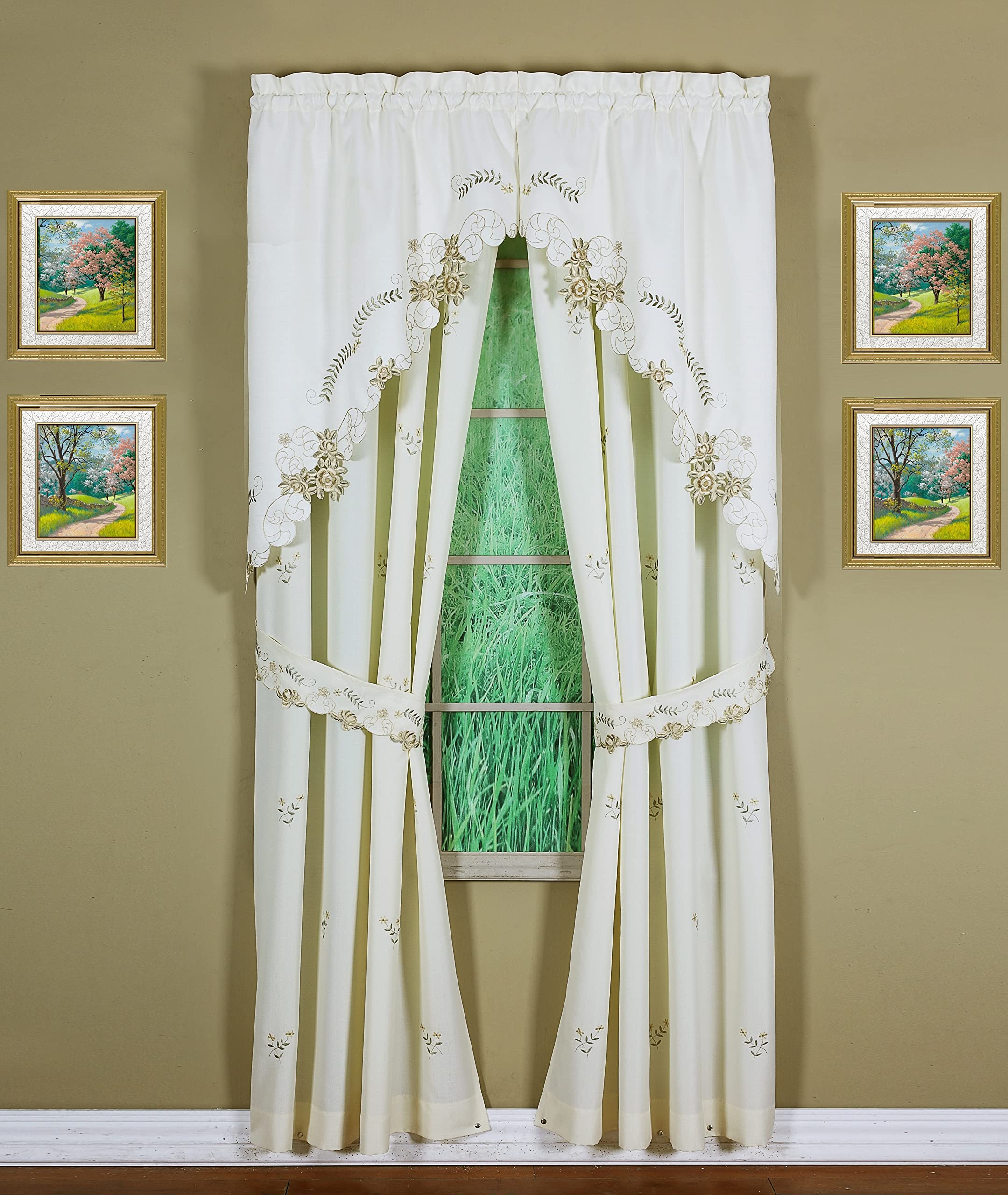 Today'S Curtain Verona Reverse Embroidery Panel Pair And Tiebacks, 72', Ecru/Antique