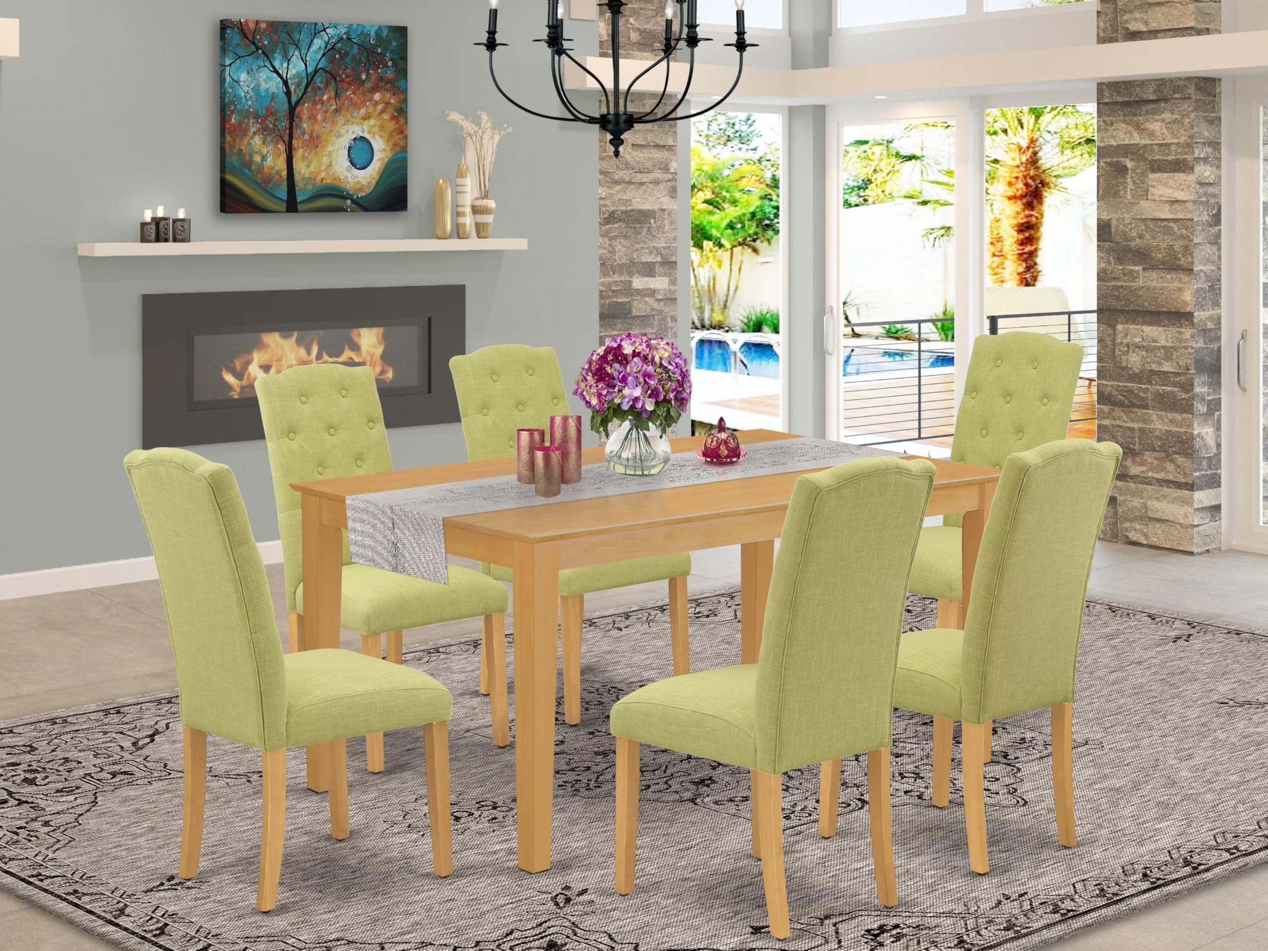 East West Furniture Cace7-Oak-07 7 Piece Dining Room Furniture Set Consist Of A Rectangle Dining Table And 6 Limelight Linen Fabric Upholstered Chairs, 36X60 Inch, Oak