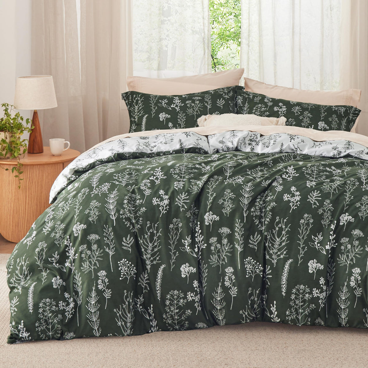 Bedsure Full Comforter Set - Dark Olive Green Comforter, Cute Floral Bedding Comforter Sets, Gifts For Woman, 3 Pieces, 1 Soft R