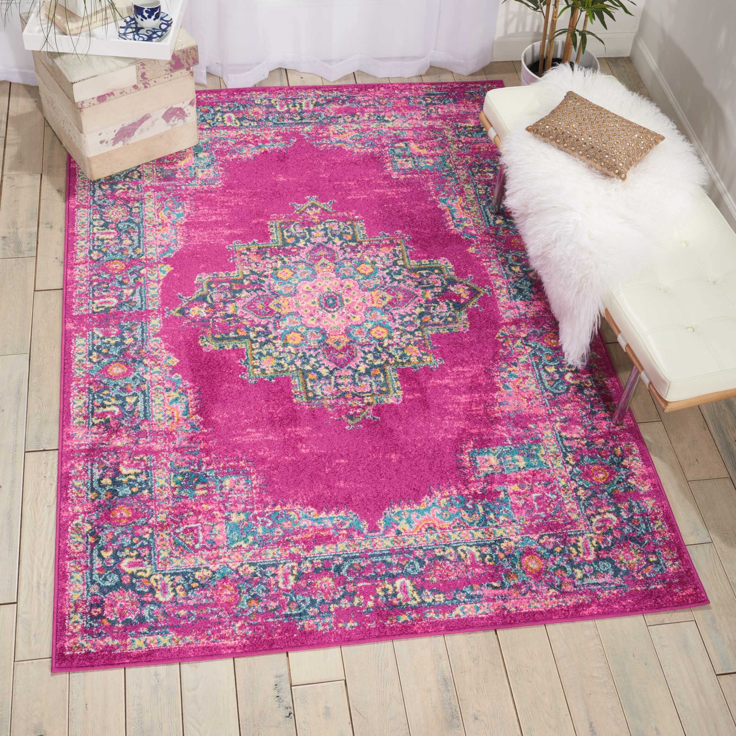 Nourison Passion Fuchsia 3'9' X 5'9' Area Rug, Boho, Traditional, Easy Cleaning, Non Shedding, Bed Room, Living Room, Hallway, (4' X 6')