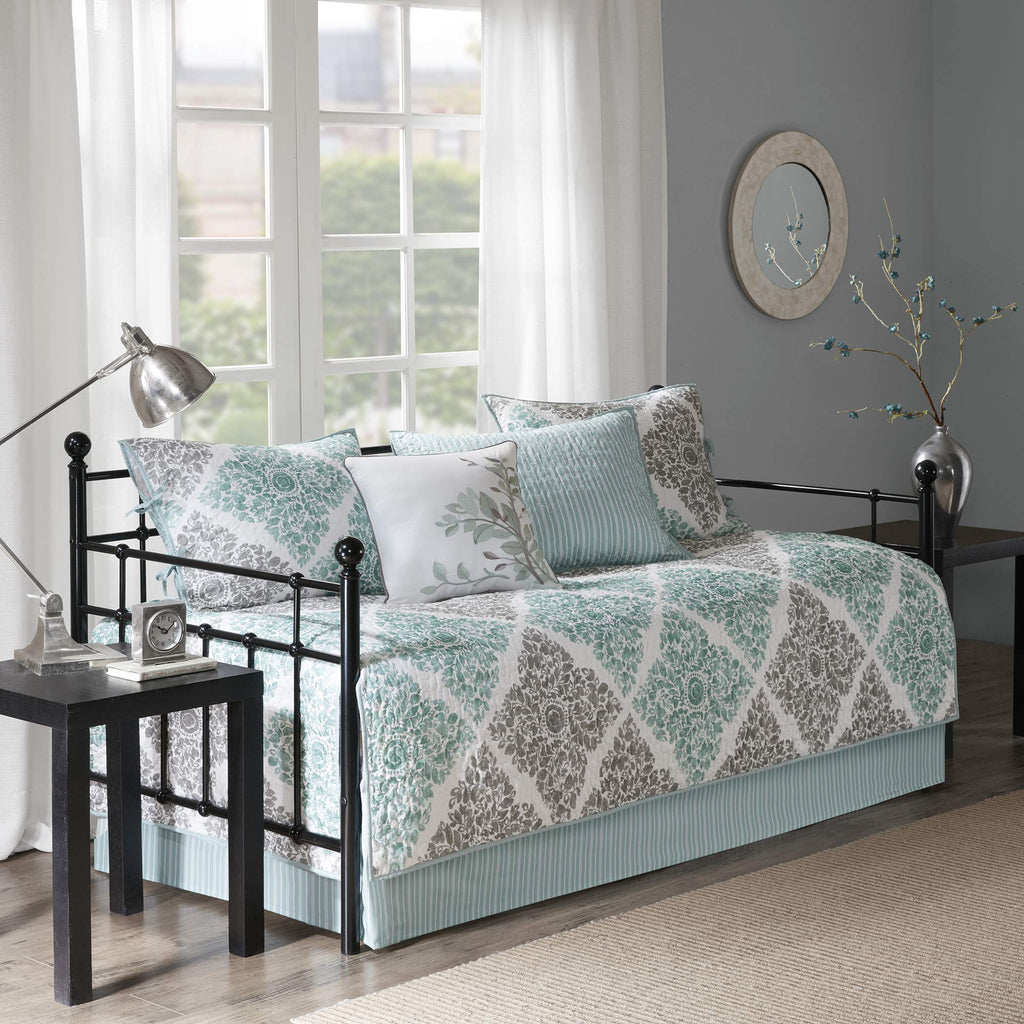 Madison Park Daybed Cover Set - Double Sided Quilting Casual Design, All Season Bedding With Bedskirt, Matching Shams, Decorative Pillow, 75'X39', Diamond Aqua 6 Piece