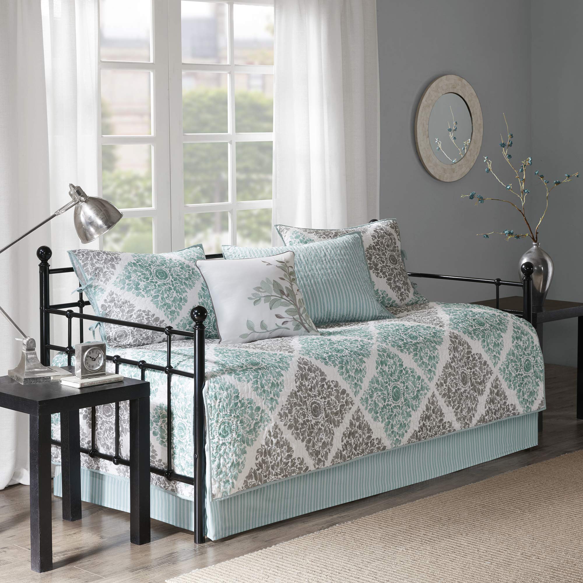 Madison Park Daybed Cover Set - Double Sided Quilting Casual Design, All Season Bedding With Bedskirt, Matching Shams, Decorative Pillow, 75'X39', Diamond Aqua 6 Piece