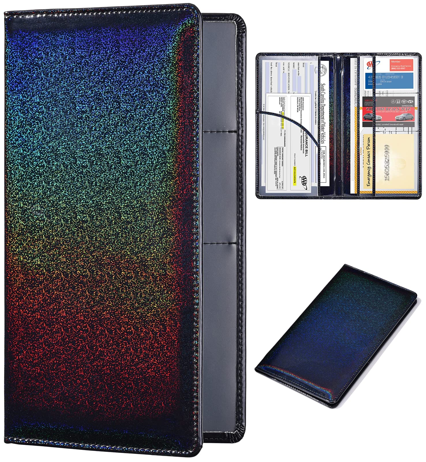 Herriat Car Registration And Insurance Card Holder - Glitter Leather Vehicle Glove Box Automobile Documents Paperwork Wallet Cas