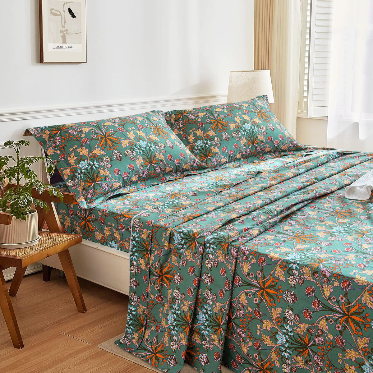 Lady Ann 100% Cotton Floral Queen Sheets Deep Pocket, Vibrant Paisley Flowers Printed On Green Pattern Sheets For Queen Bed Bota