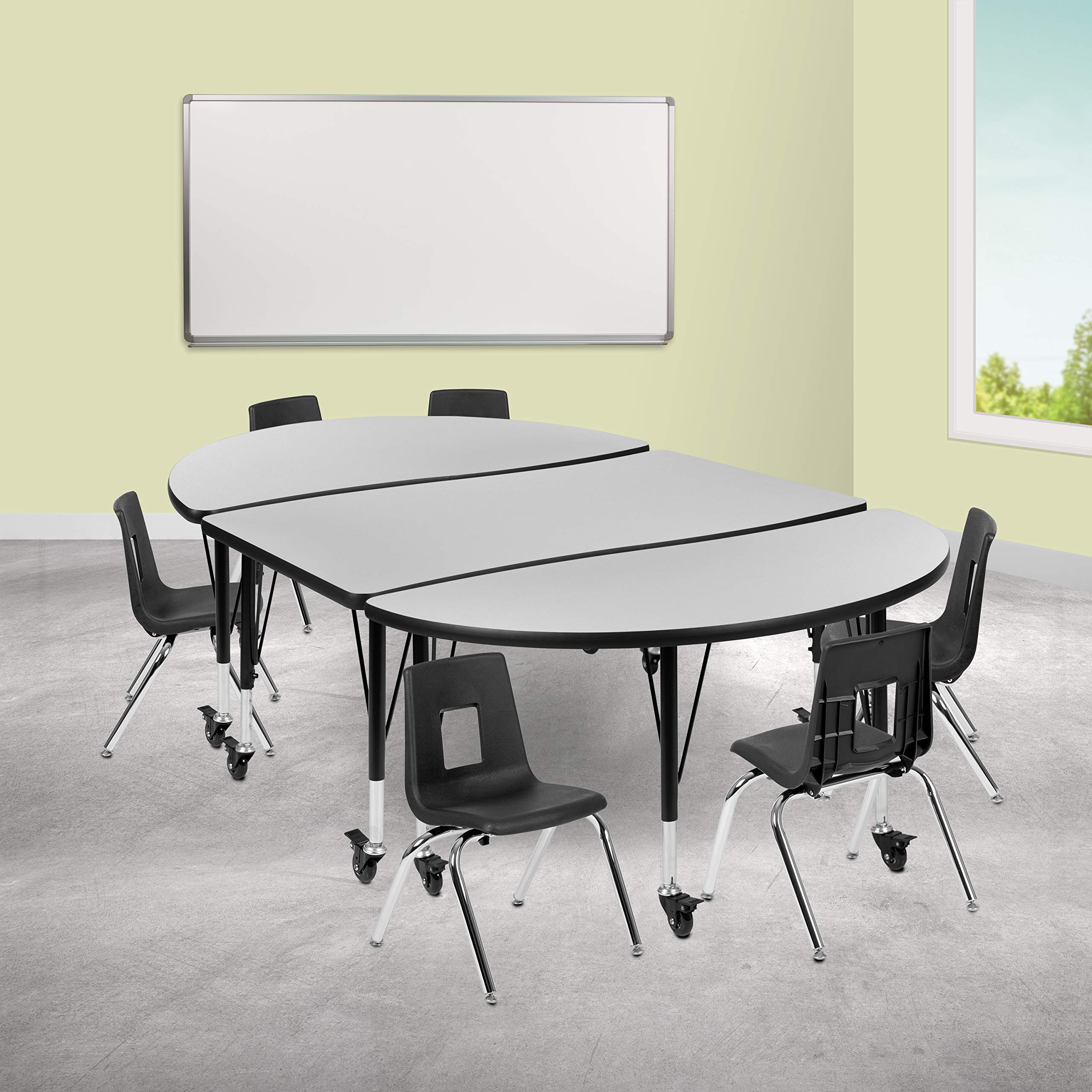 Flash Furniture Mobile 76 Oval Wave Collaborative Laminate Activity Table Set with 12 Student Stack Chairs, Grey/Black
