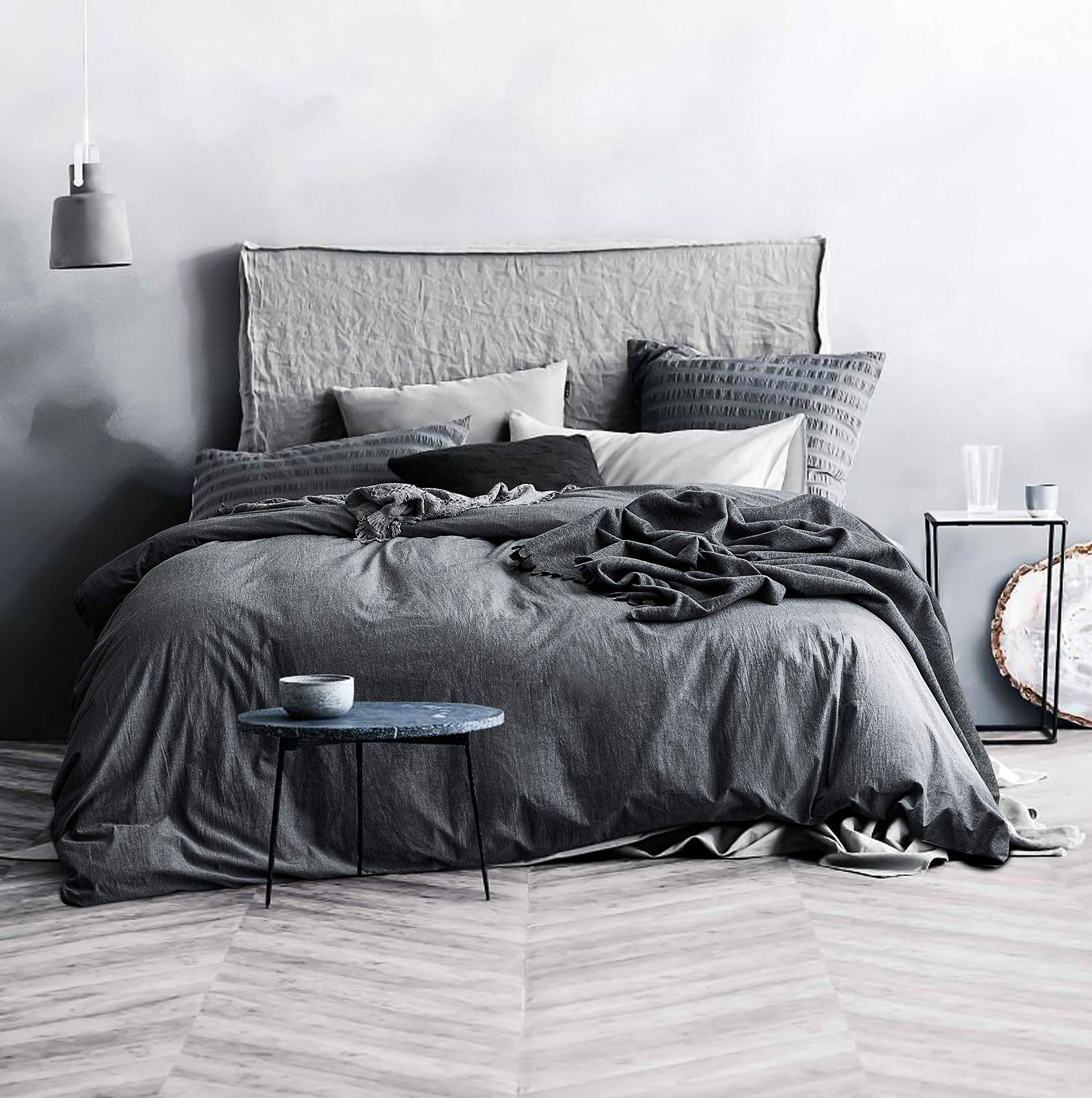 Ecocott Grey Duvet Cover Oversized King Size - 100% Washed Cotton Durable Soft Comfy Duvet Cover Set, 3 Pieces Duvet Cover With