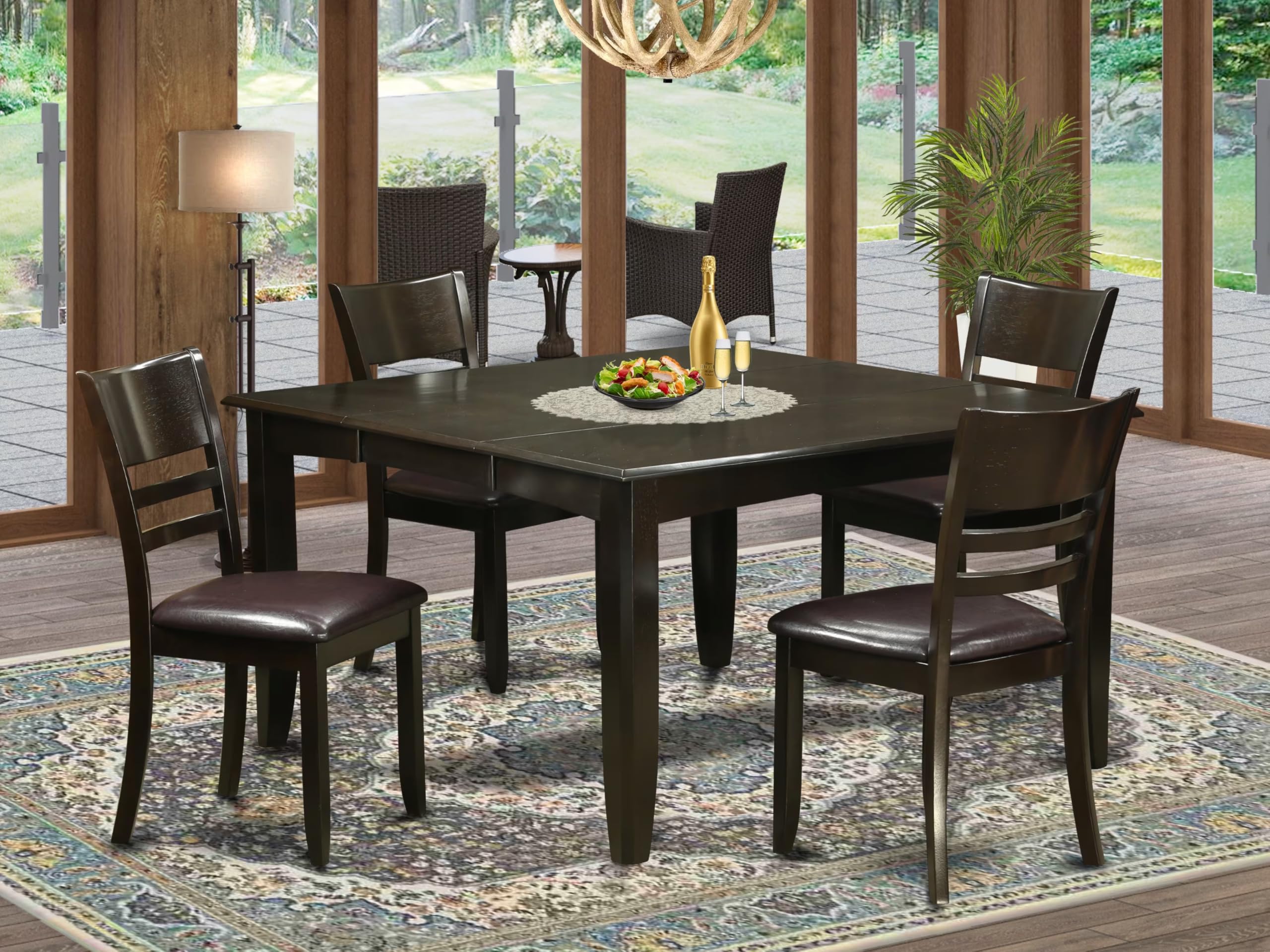 East West Furniture PFLY5-CAP-LC 5 Piece Dining Room Table Set Includes a Square Kitchen Table with Butterfly Leaf and 4 Faux Leather Upholstered Dining Chairs, 54x54 Inch, Cappuccino