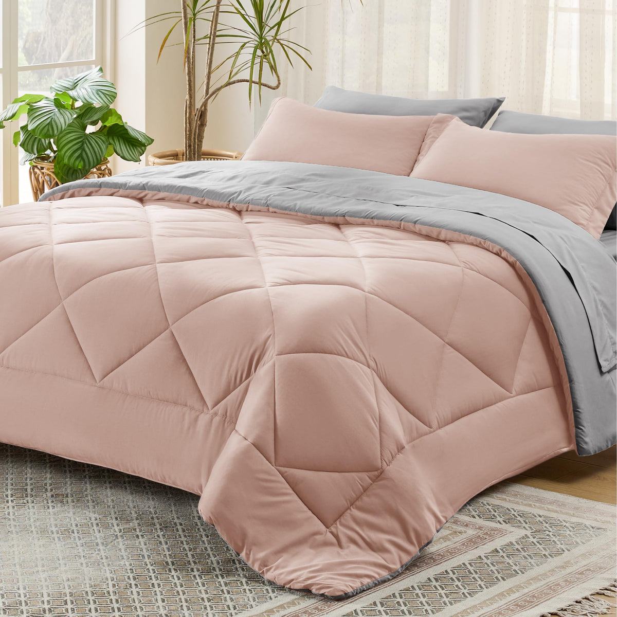 Bedsure Blush Pink Twin Comforter Set - 5 Pieces Reversible Twin Bed In A Bag, Extra Long Twin Bed Set With Comforters, Sheets,