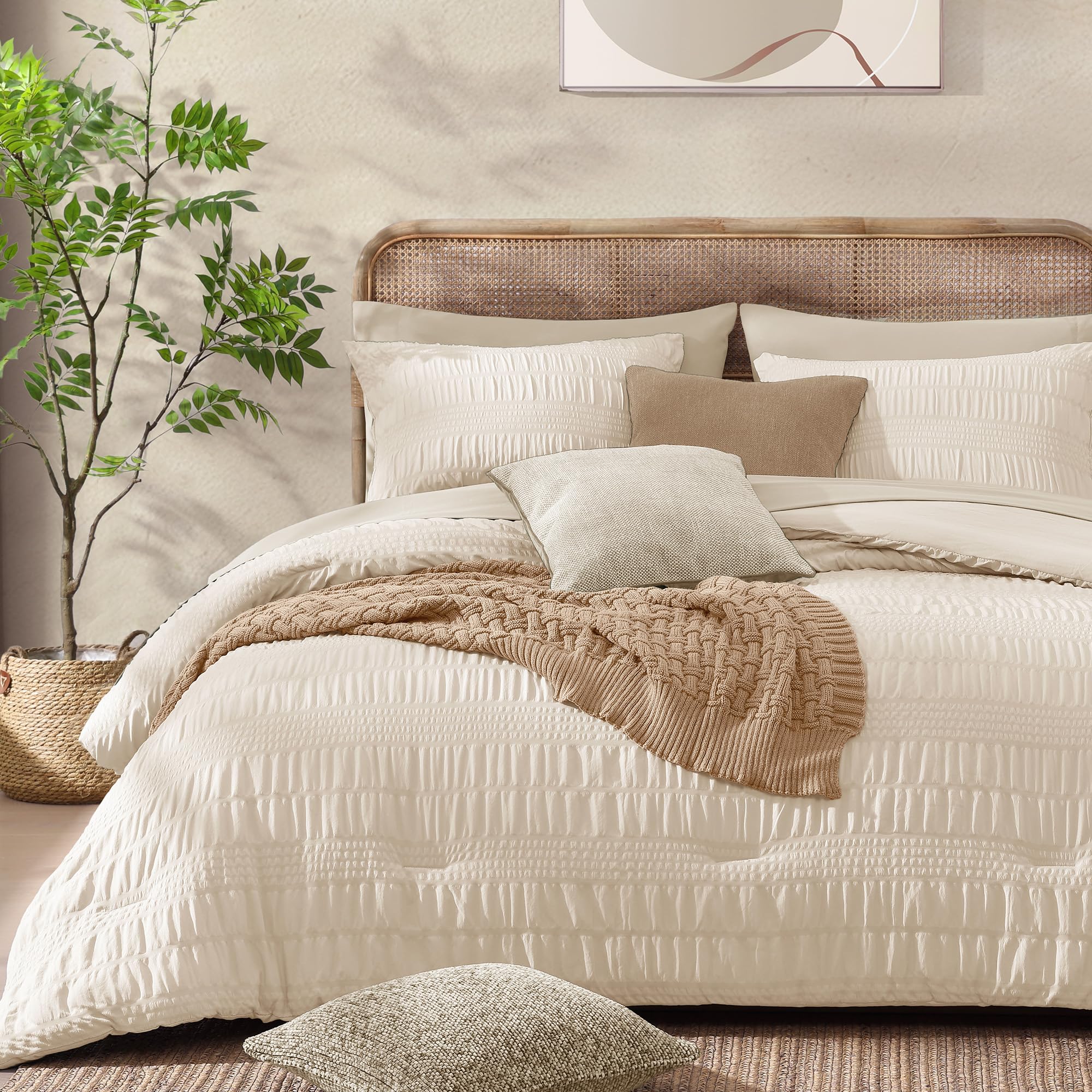Casaagusto King Size Comforter Set, 7 Pieces Beige Seersucker Bed In A Bag King Soft All Seasons, Bedding Sets King With Comfort
