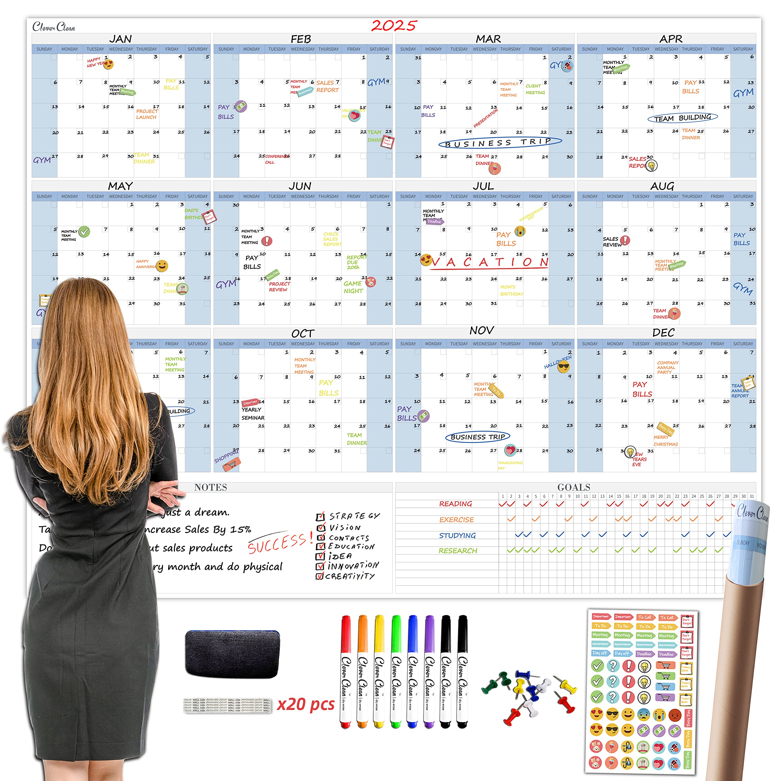 Clever Clean Large Dry Erase Wall Calendar 5 Feet- 48'X60' 2025 Undated Yearly Planner For Home, Office, School Projects - Jum