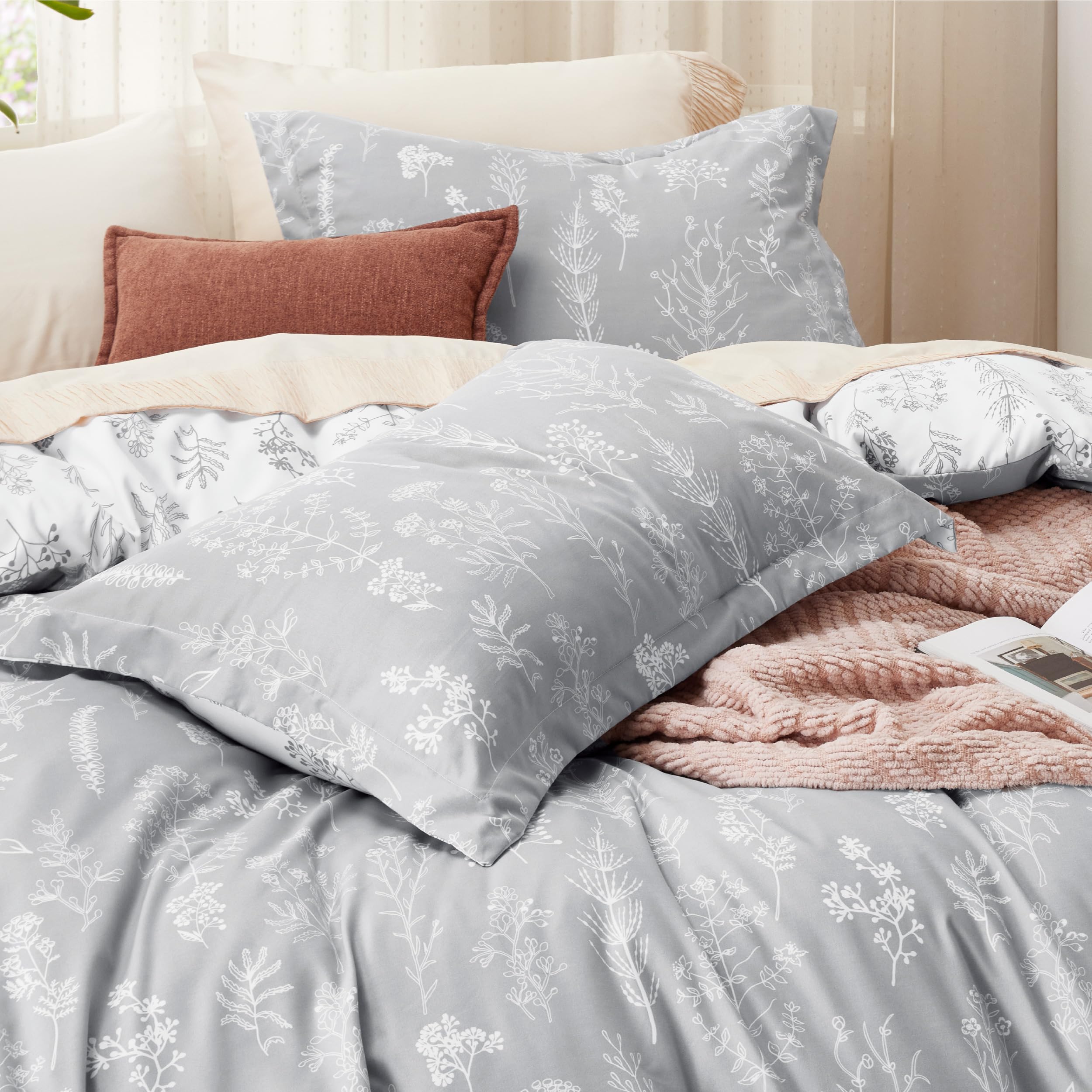 Bedsure Twin/Twin Xl Duvet Cover - Reversible Grey Duvet Cover Set With Zipper Closure, Cute Floral Botanical Pattern Bedding Comforter Cover, 1 Duvet Cover 68'X90' And 1 Pillow Sham 20'X26'