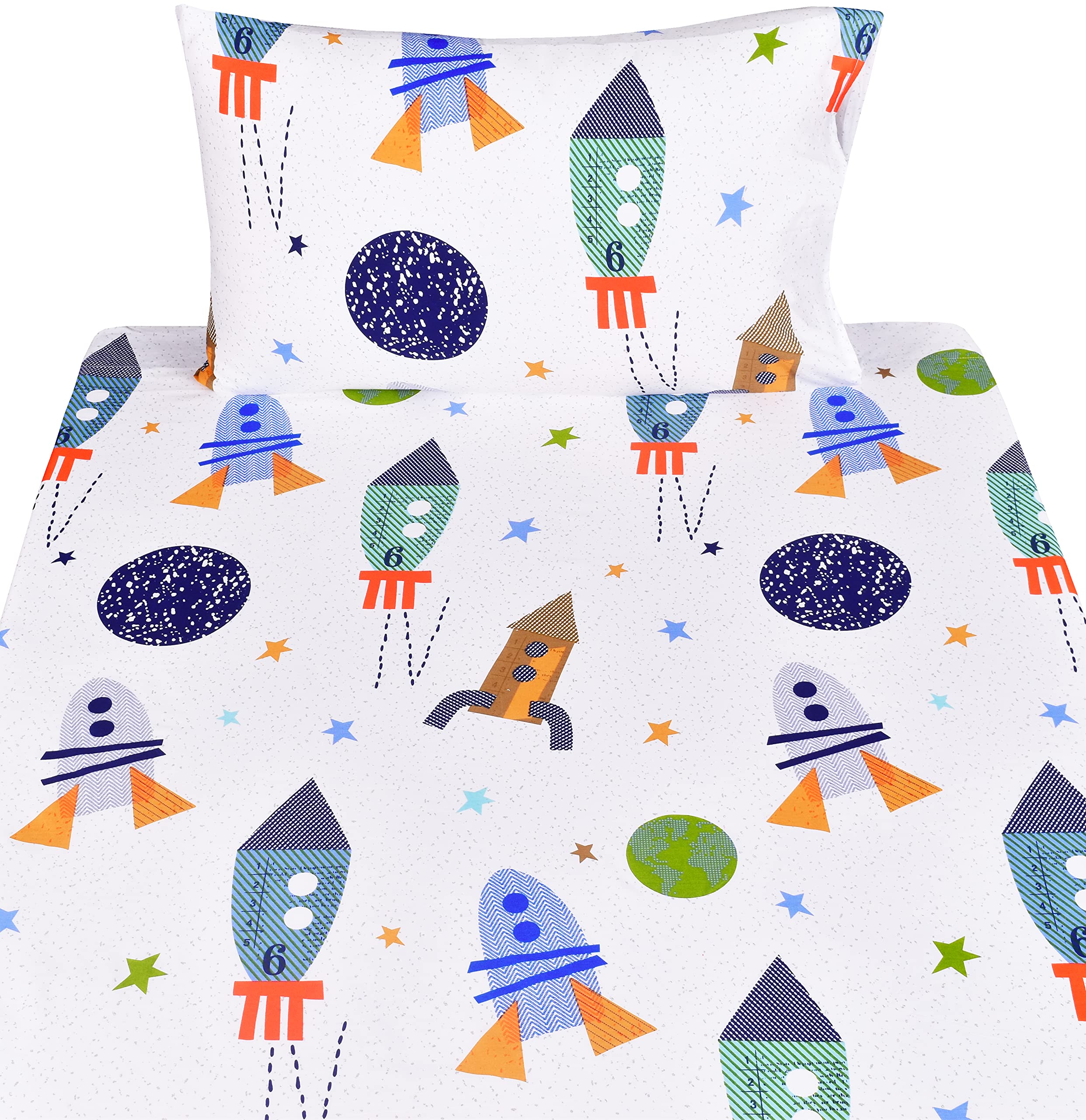 Scientific Sleep Outer Space Airship Rocket Star Explore Teen Boys Girls Cotton Cotton Full Bed Sheet Set, Flat Sheet & Fitted S