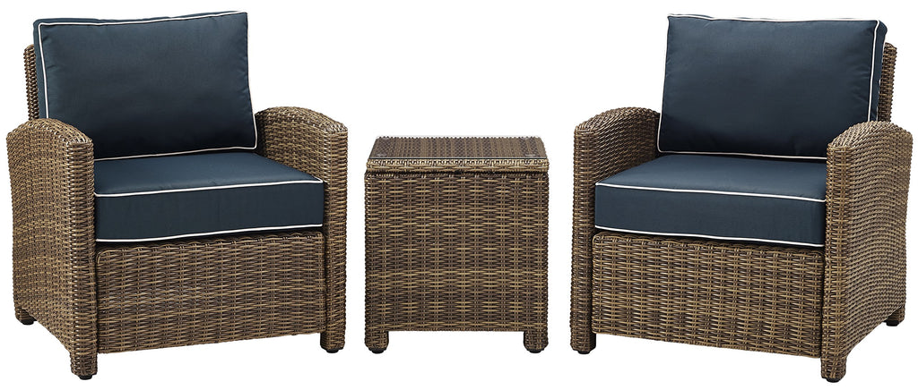 Crosley Furniture Bradenton 3-Piece Outdoor Chair and Side Table Set, Wicker Patio Conversation Sets, Brown with Navy Cushions