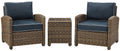Crosley Furniture Bradenton 3-Piece Outdoor Chair and Side Table Set, Wicker Patio Conversation Sets, Brown with Navy Cushions