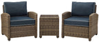 Crosley Furniture Bradenton 3-Piece Outdoor Chair and Side Table Set, Wicker Patio Conversation Sets, Brown with Navy Cushions