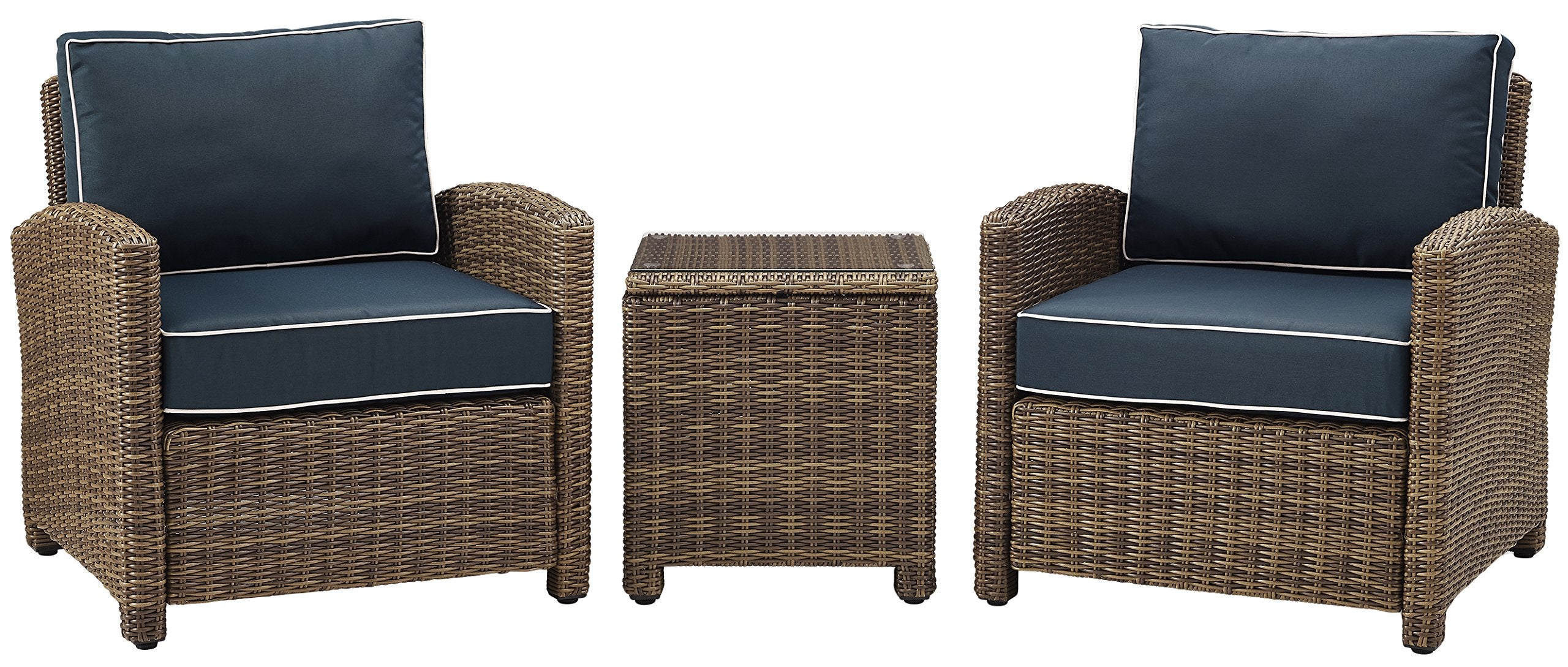 Crosley Furniture Bradenton 3-Piece Outdoor Chair and Side Table Set, Wicker Patio Conversation Sets, Brown with Navy Cushions