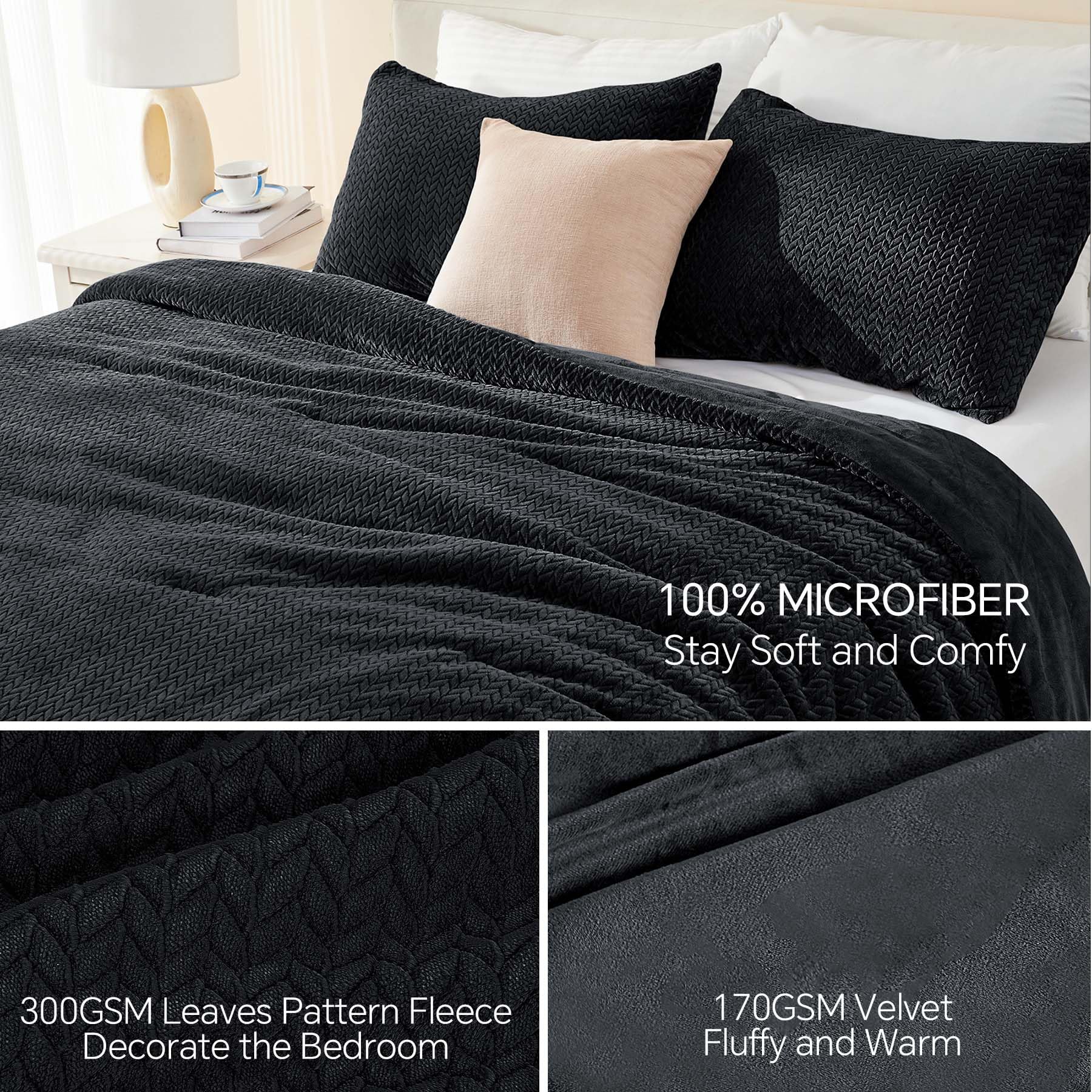 Chixpace Fluffy King Comforter Set - Furry Black Leaves Pattern Faux Fur Bed Set, Winter Ultra Soft Fuzzy Comfort Set, Velvet Be