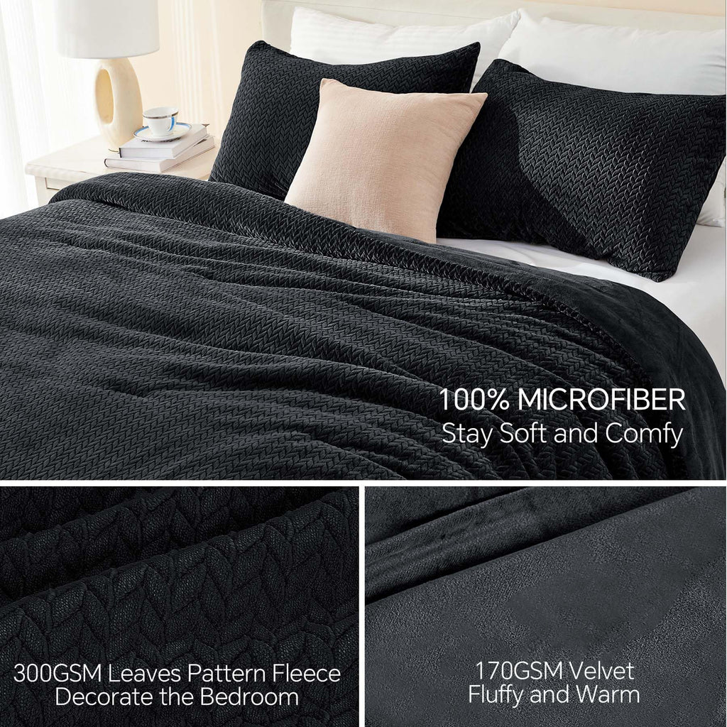 Chixpace Fluffy Full Comforter Set - Furry Black Leaves Pattern Faux Fur Bed Set, Winter Ultra Soft Fuzzy Comfort Set, Velvet Be