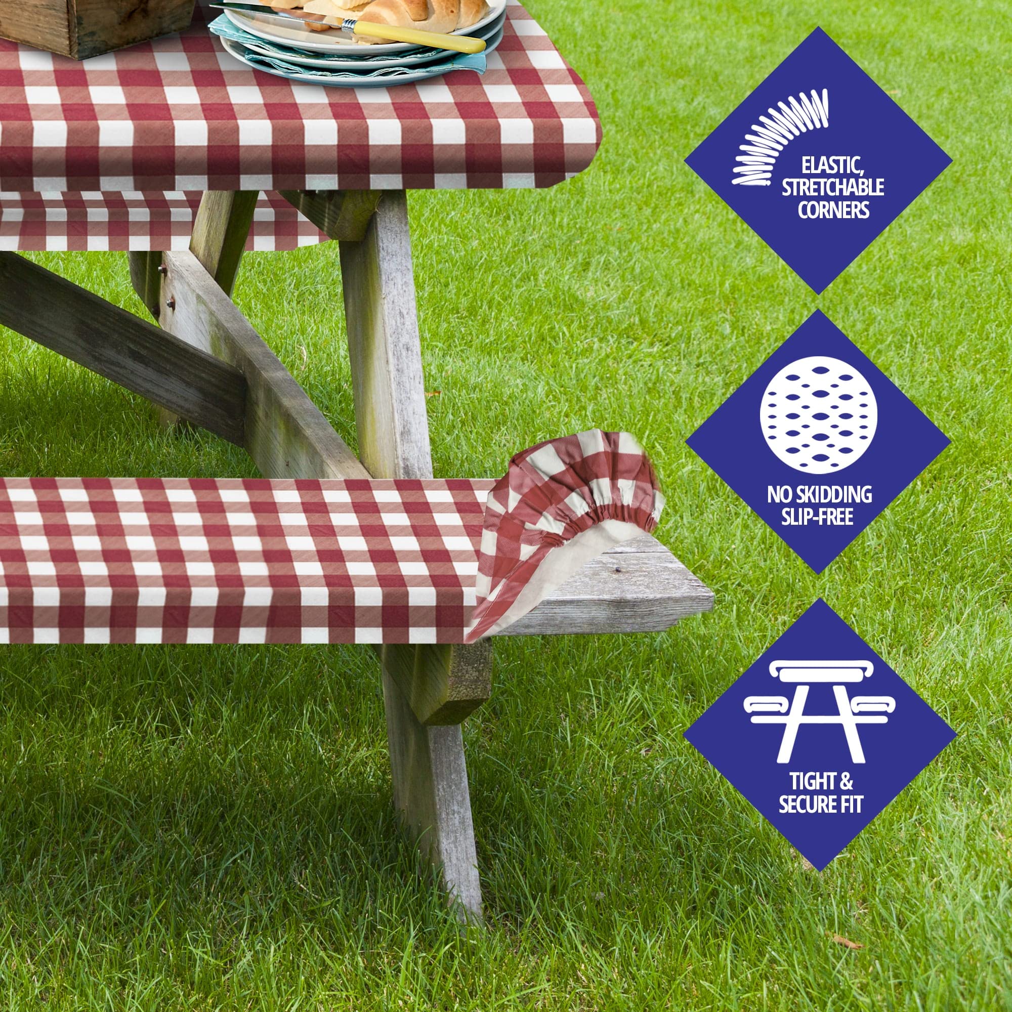 Sorfey Vinyl Picnic Table And Bench Fitted Tablecloth Cover, Checkered Design, Flannel Backed Lining, 30 X 96 Inch, 3-Piece Set, Red