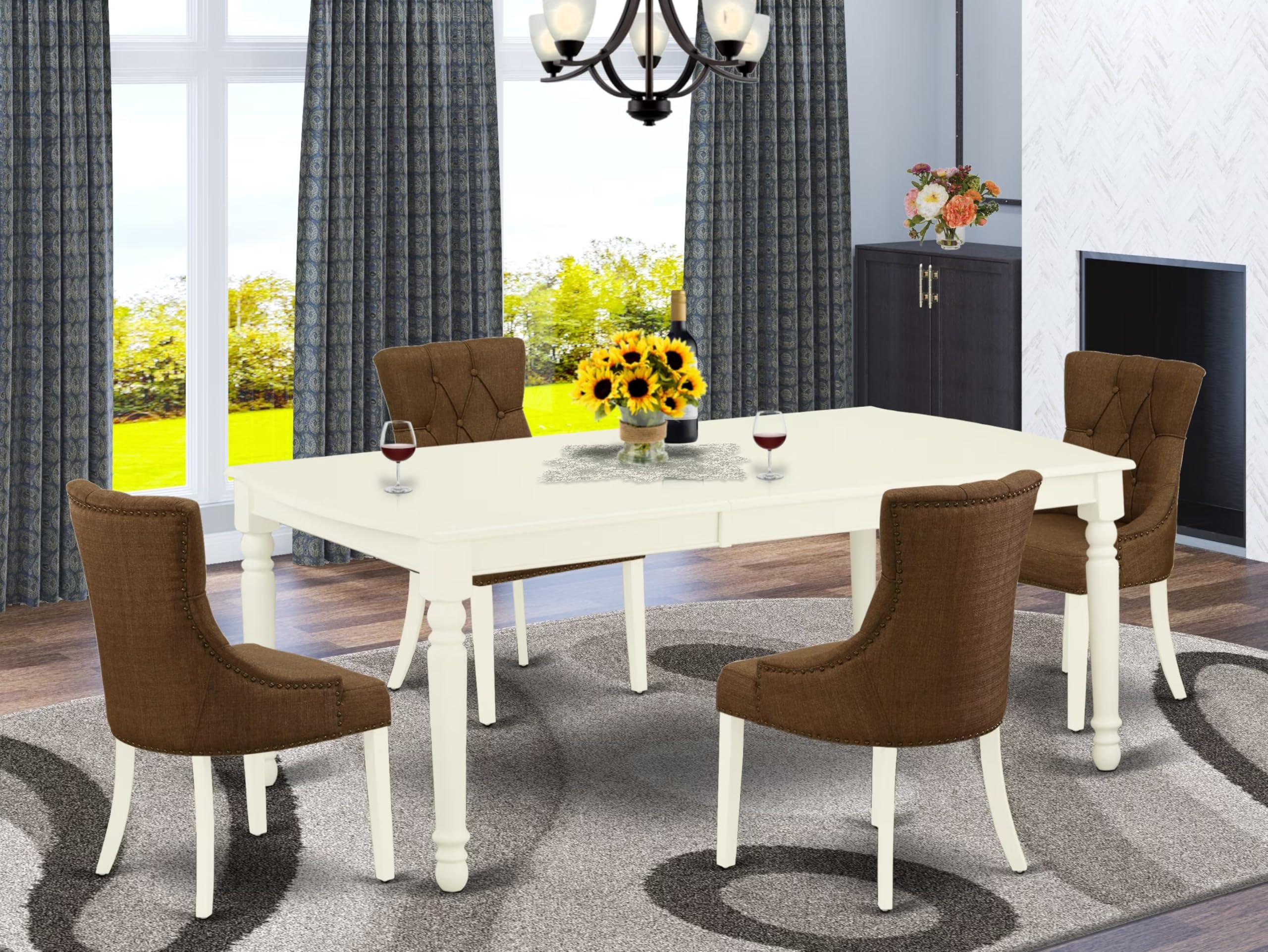 East West Furniture Dofr5-Lwh-18 5 Piece Dinette Set Includes A Rectangle Dining Table With Butterfly Leaf And 4 Brown Linen Linen Fabric Parson Dining Chairs, 42X78 Inch, Linen White