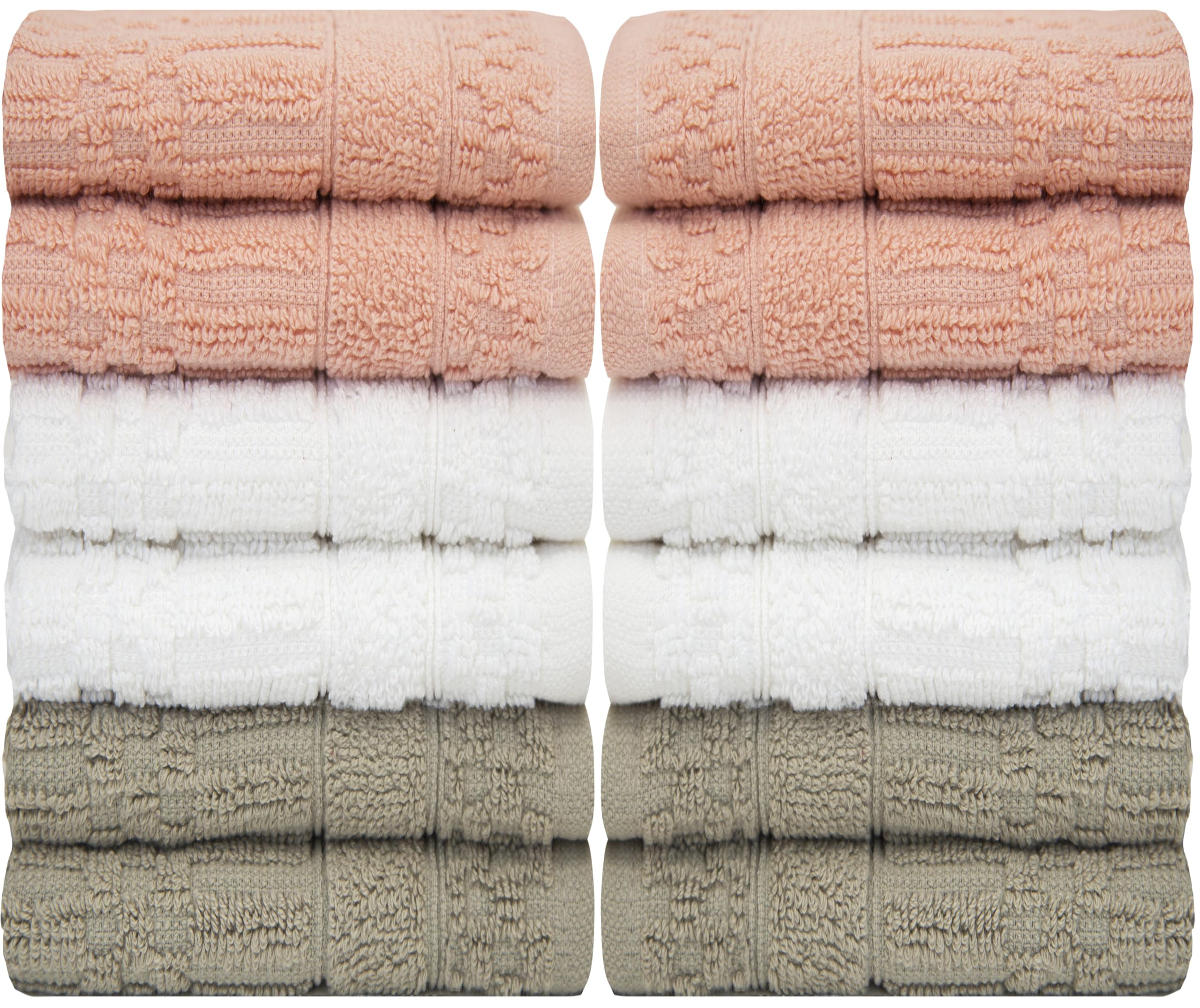 Ph Pleasant Home Diamond Wash Cloths Set - 12 Pack (12” X 12”) – 509 Gsm - 100% Ring Spun Cotton Wash Cloth - Super Soft And Highly Absorbent Face Towels (Blush, White & Tan)
