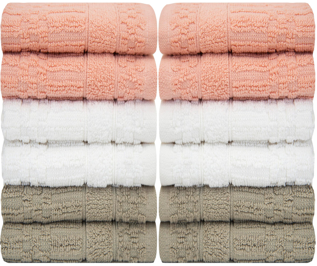 Ph Pleasant Home Diamond Wash Cloths Set - 12 Pack (12” X 12”) – 509 Gsm - 100% Ring Spun Cotton Wash Cloth - Super Soft And Highly Absorbent Face Towels (Blush, White & Tan)