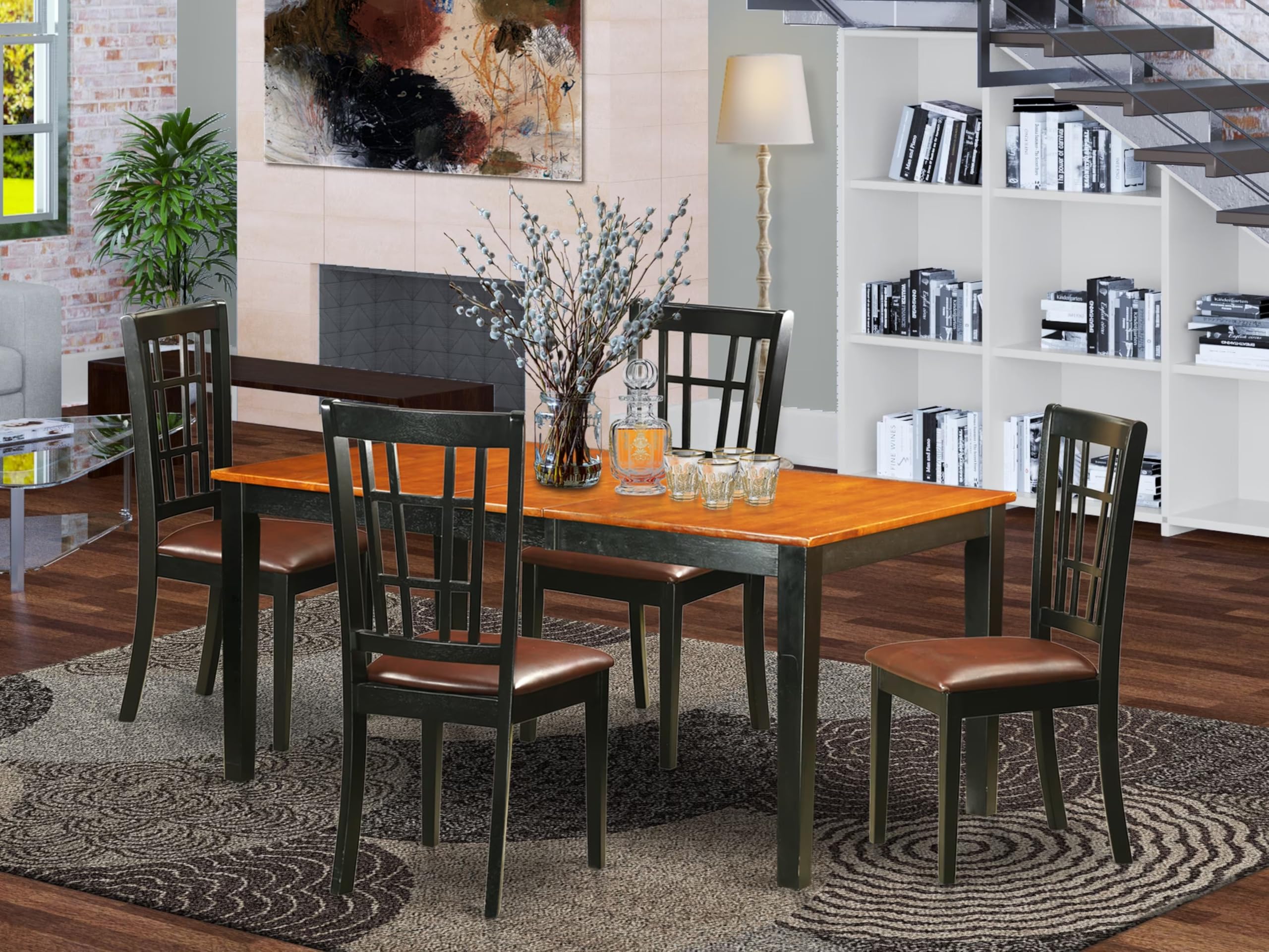 East West Furniture NICO5-BLK-LC 5 Piece Dinette Set for 4 Includes a Rectangle Dining Table with Butterfly Leaf and 4 Faux Leather Dining Room Chairs, 36x66 Inch, Black & Cherry