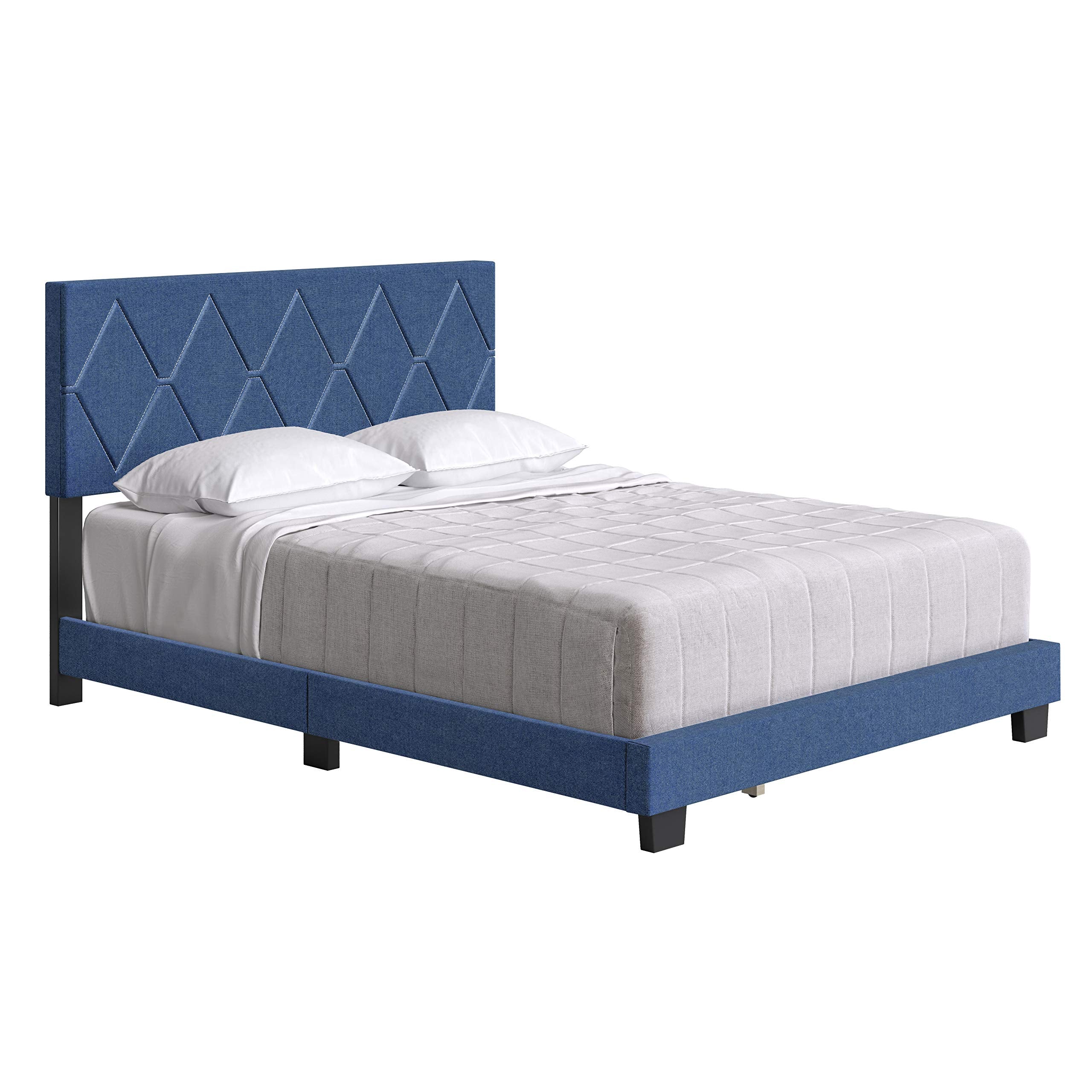 Boyd Sleep Diamond Upholstered Platform Bed with Headboard and Durable Mattress Foundation with Strong 4 Wood Slat Supports, Box Spring Required: Full, Blue