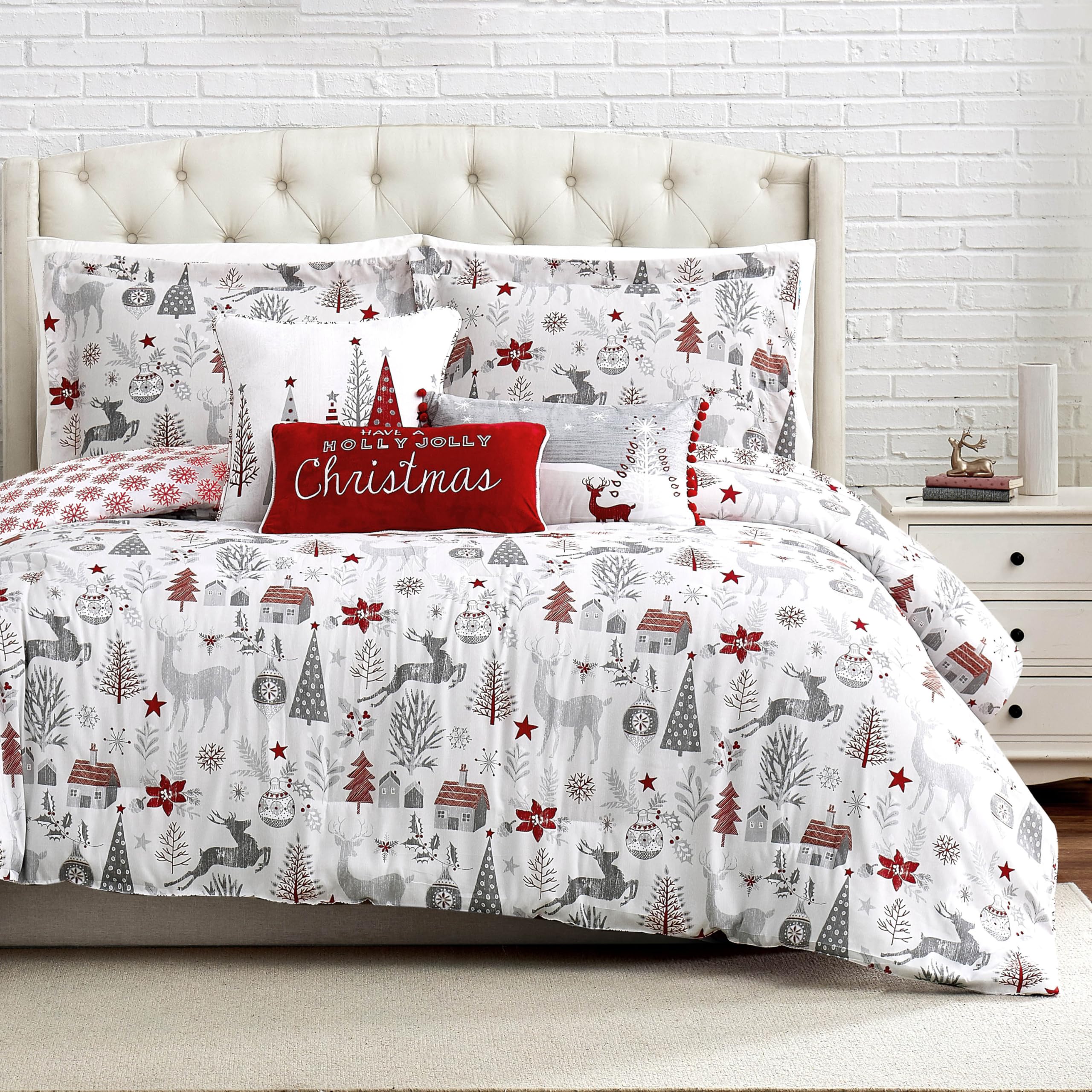 Southshore Fine Living, Inc. Holly Jolly Christmas Comforter Set, Twin Size 5-Piece Christmas Bedding Set W/Shams & Throw Pillow