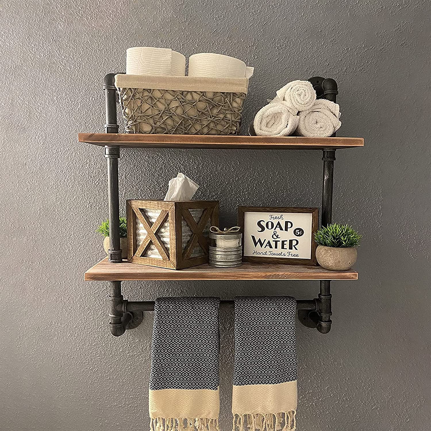 Industrial Pipe Shelving,Iron Pipe Shelves Bathroom Shelves with Towel bar,24in Rustic Metal Pipe Floating Pipe Wall Shelf,2 Tie