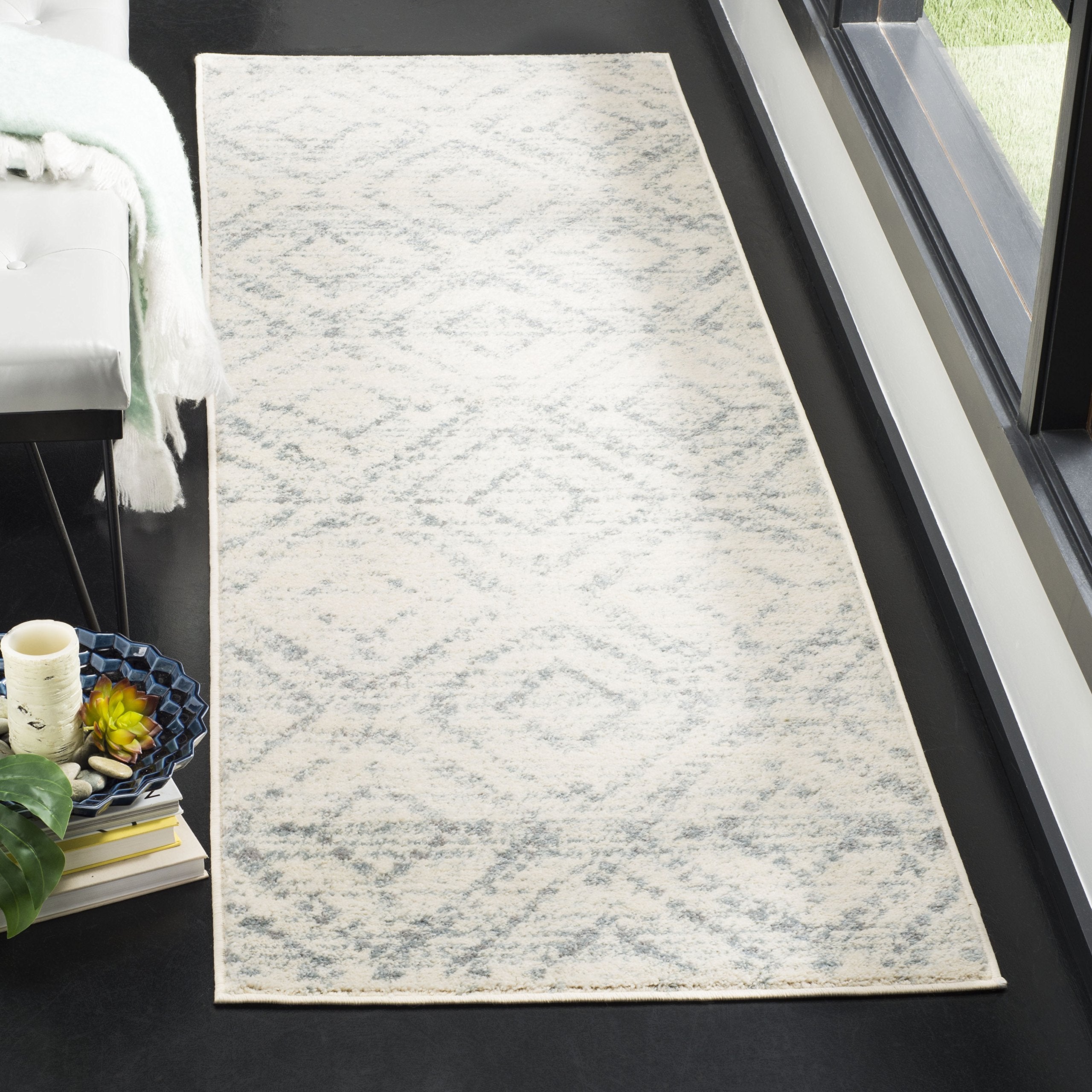 SAFAVIEH Adirondack Collection Runner Rug - 26 x 12, Ivory & Light Blue, Modern Diamond Distressed Design, Non-Shedding & Easy