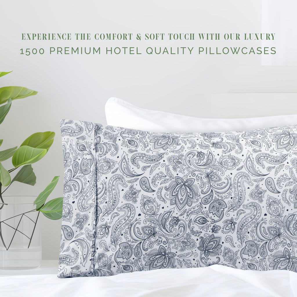 Elegant Comfort Ultra Soft Set Of 2 Floral Print Pillowcases - 1500 Premium Hotel Quality Microfiber, Soft And Smooth Envelope Closure 2-Piece Pillow Covers - Standard/Queen, Paisley Navy