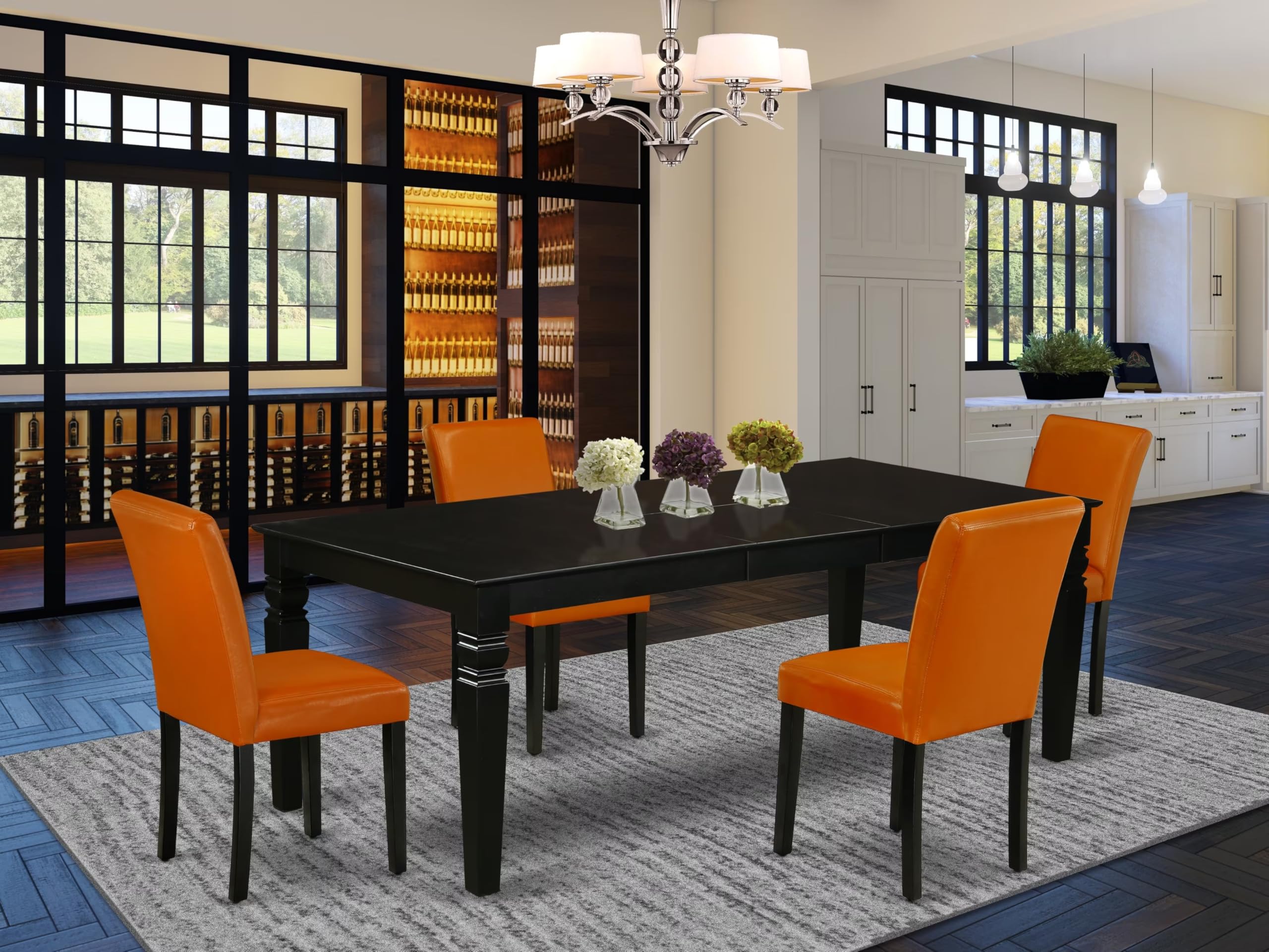 East West Furniture Lgab5-Blk-61 5 Piece Dinette Set Includes A Rectangle Dining Room Table With Butterfly Leaf And 4 Baked Bean Faux Leather Upholstered Chairs, 42X84 Inch, Black