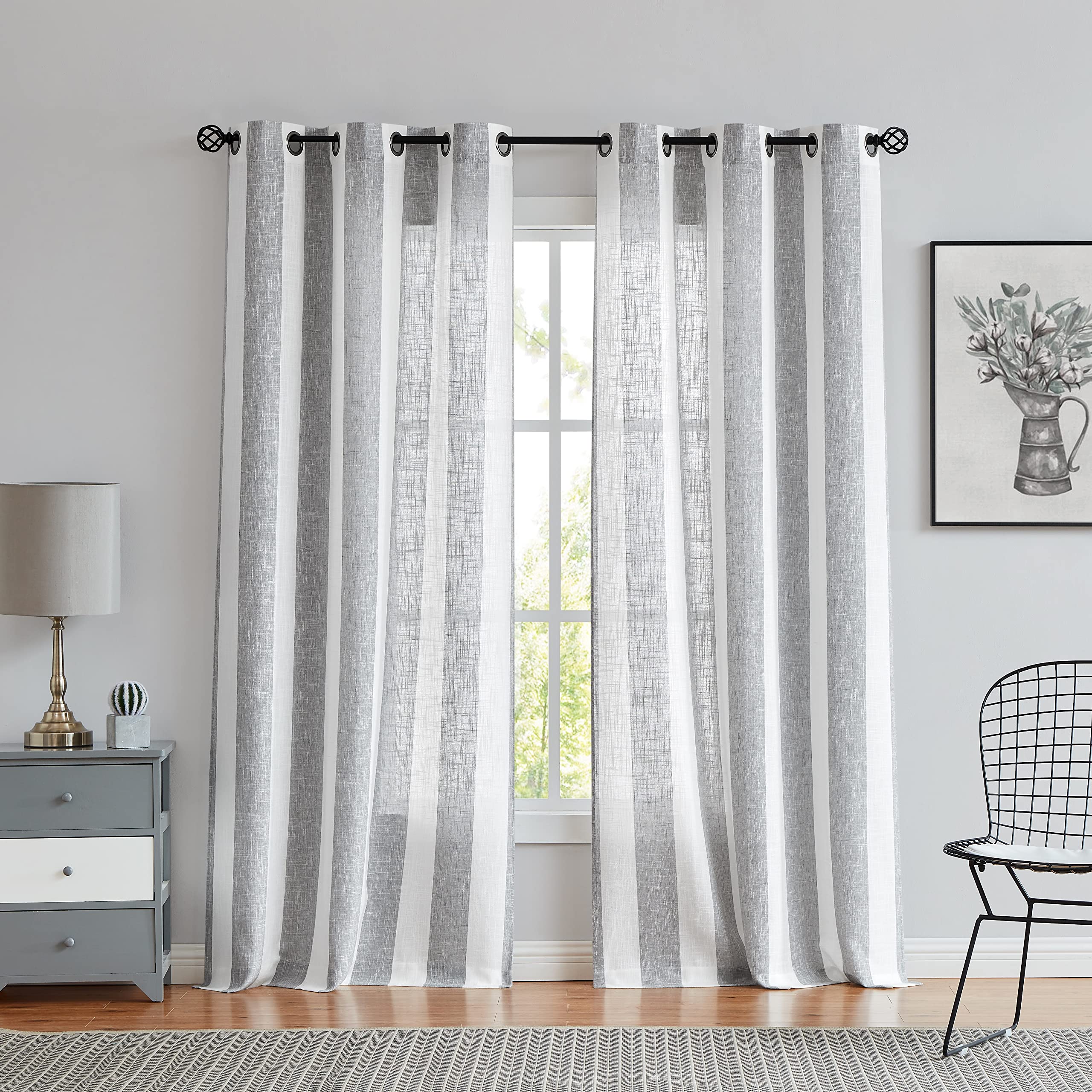 Central Park Gray White Stripe Farmhouse Curtains Semi-Sheer Rayon Blend Heavy Linen Texture Window Curtain Panel 6 Grommets Tre