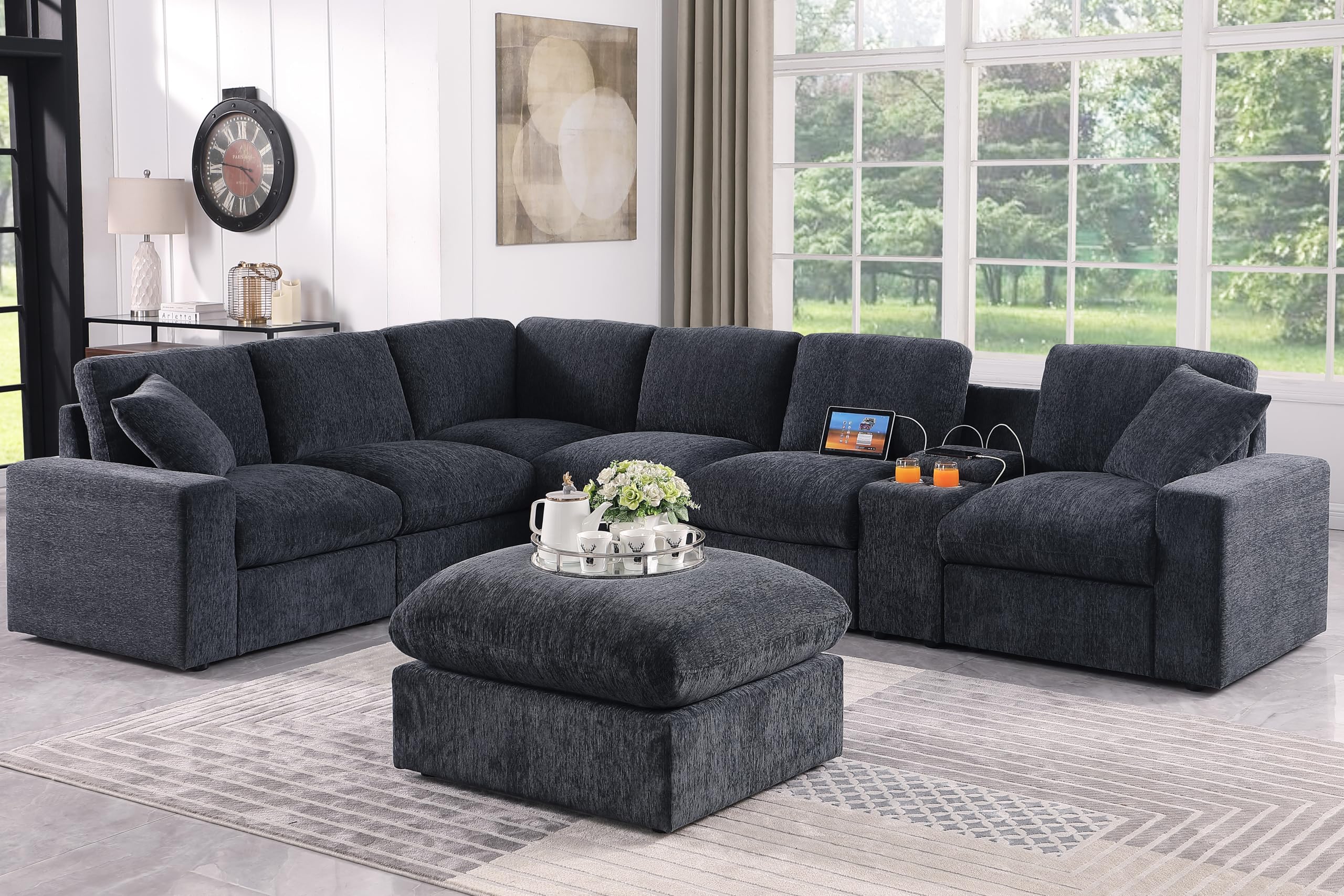 YOPTO 127 Modular Sectional Sofa,Modern Oversized Cloud Couch with Cup Holder&USB Port,7 Seat Convertible L-Shaped Chenille Sofa