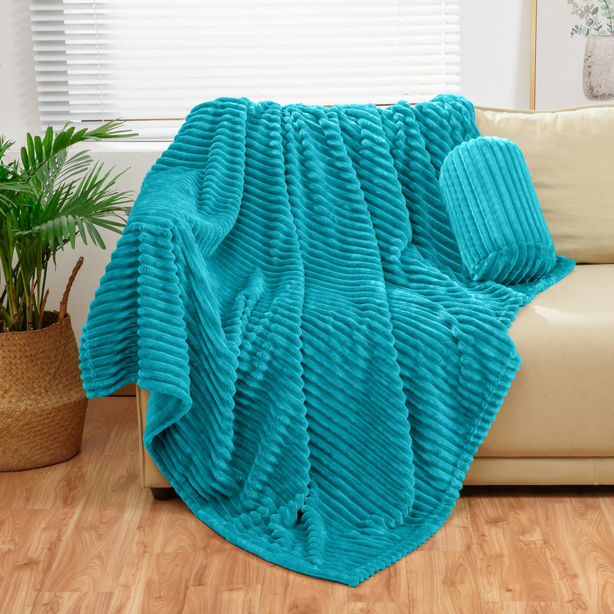 Bnuitland Lake Blue Flannel Throw With Storage Pouch,300Gsm Super Soft Fleece Stripe Pattern Sofa Blanket For Adults And Kids, L
