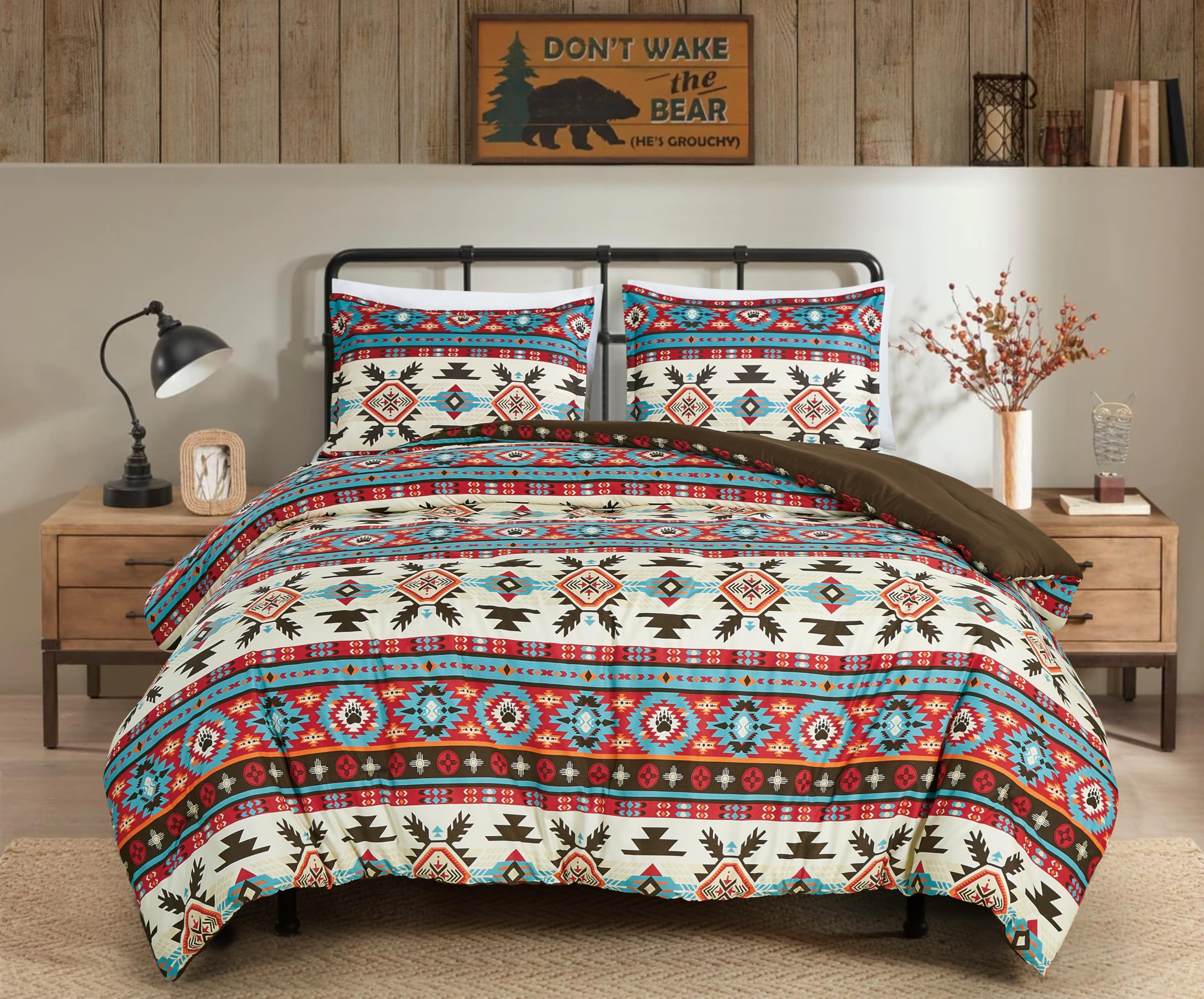 Chezmoi Collection Tona 3-Piece Southwestern Geometric Motif Comforter Set - Multicolor Red Brown Blue Cream Printed Washed Micr