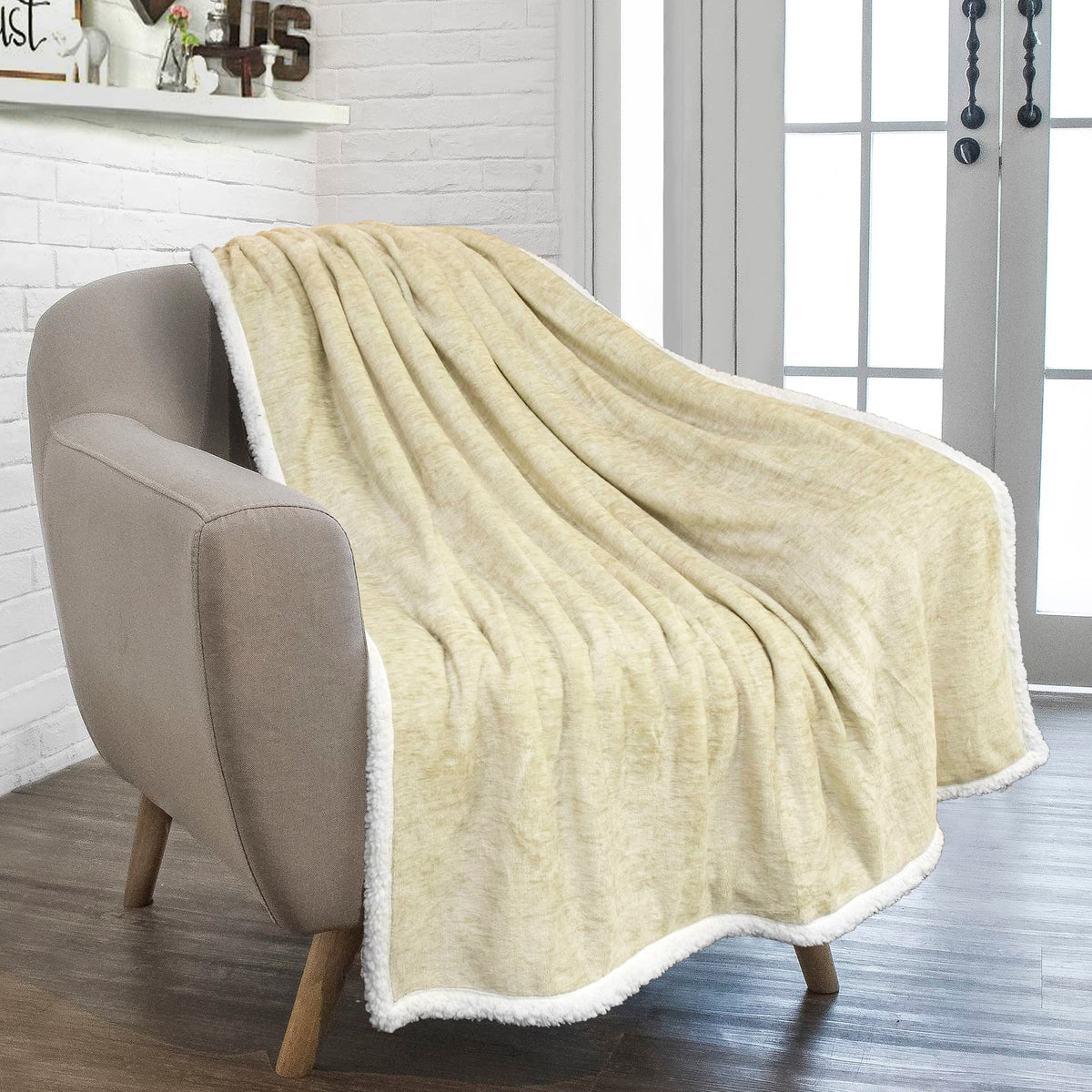 Pavilia Melange Cream Sherpa Blanket Throw For Couch, Warm Soft Cozy Reversible Blanket Sofa Bed, Thick Plush Large Fleece Car B