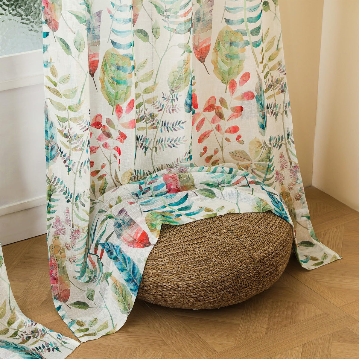 Story@Home Sheer Curtains 8 Feet Long Set Of 2 | Leaf Printed | Semi Transparent Net Curtain | Semi Long Door Curtain For Living