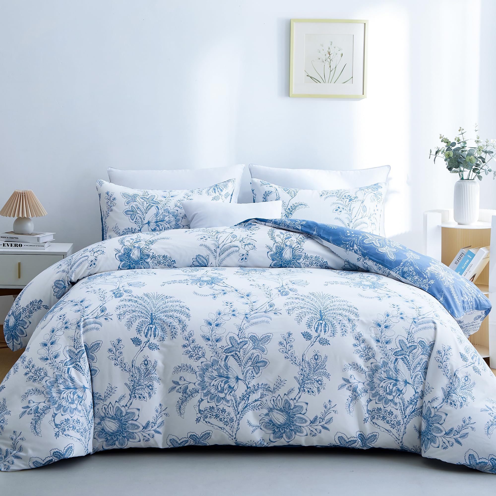 Bolinliving Floral Duvet Cover King Size 3 Pieces, Flower Duvet Cover With 2 Pillow Shams, Soft Floral Bedding Set White And Blu