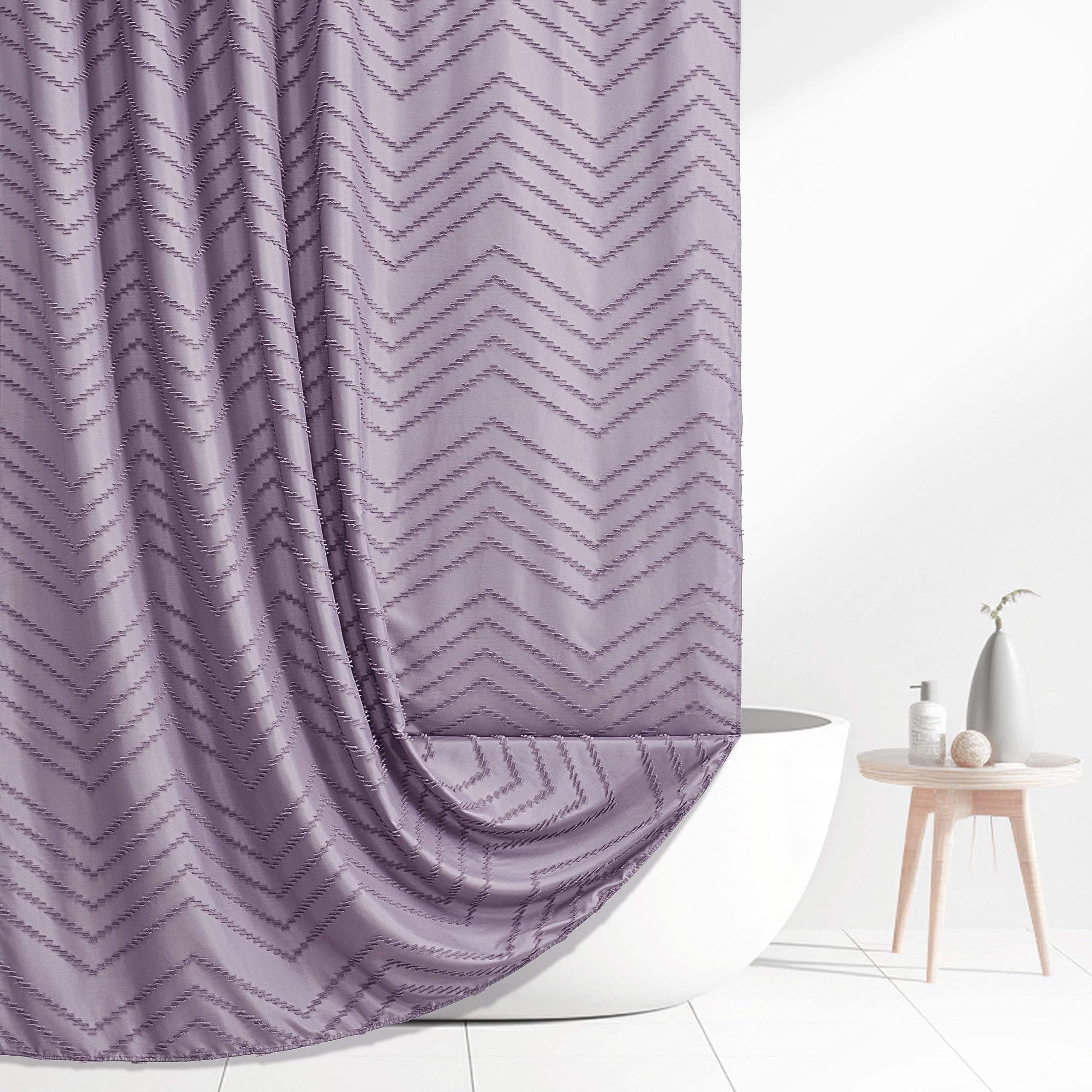 Siiluminisoy Extra Long Boho Shower Curtain - Purple Woven Fabric, 72 x 84, Tufted Chevron Striped, Modern Chic Textured Minimal