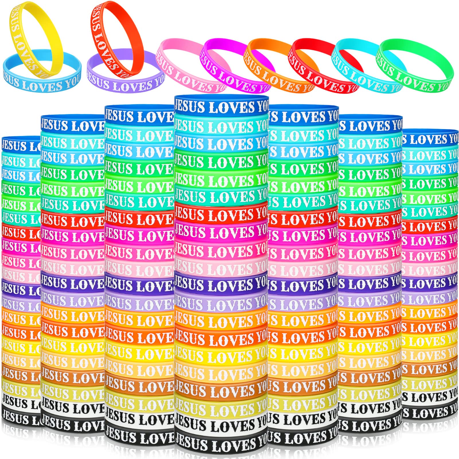 Jerify 200 Pcs Jesus Loves You Silicone Bracelet For Kids Christian Wristbands Bulk Bible Verse Rubber Bracelet Religious Colorf