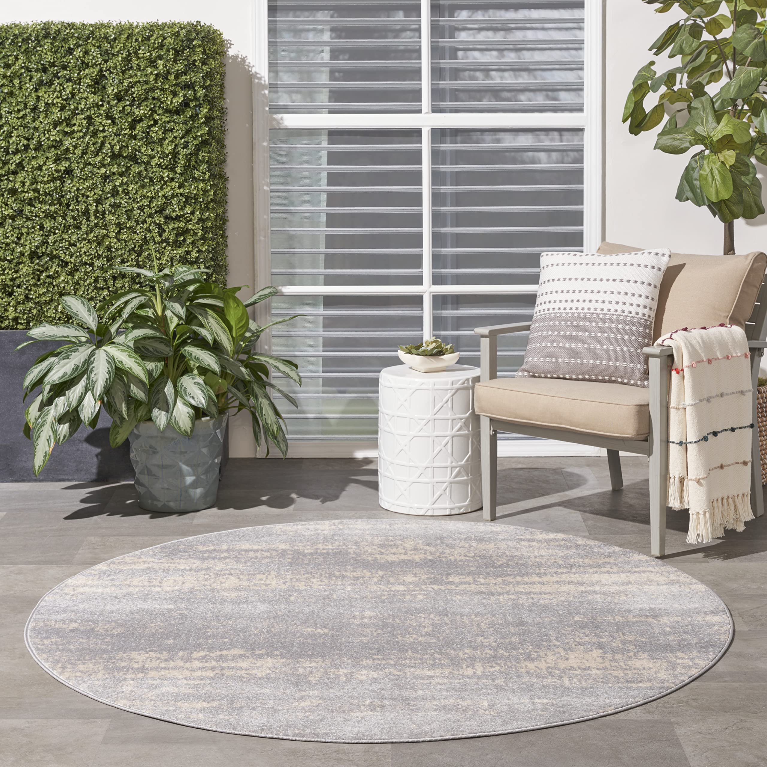 Nourison Essentials Indoor/Outdoor Solid Abstract Grey/Beige 4' X Round Area Rug, Easy Cleaning, Non Shedding, Bed Room, Living Room, Dining Room, Backyard, Deck, Patio (4 Round)