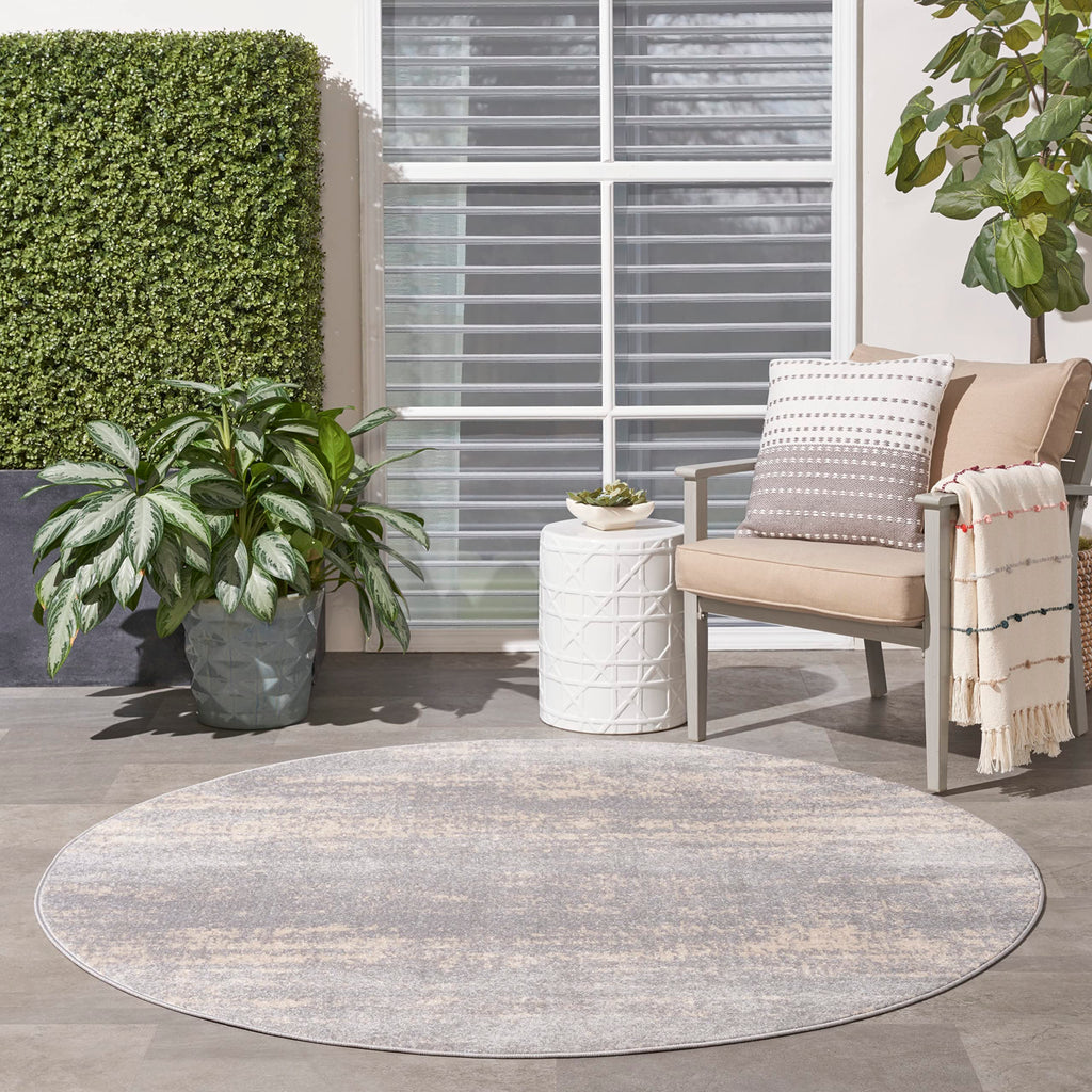 Nourison Essentials Indoor/Outdoor Solid Abstract Grey/Beige 8' X Round Area Rug, Easy Cleaning, Non Shedding, Bed Room, Living Room, Dining Room, Backyard, Deck, Patio (8 Round)