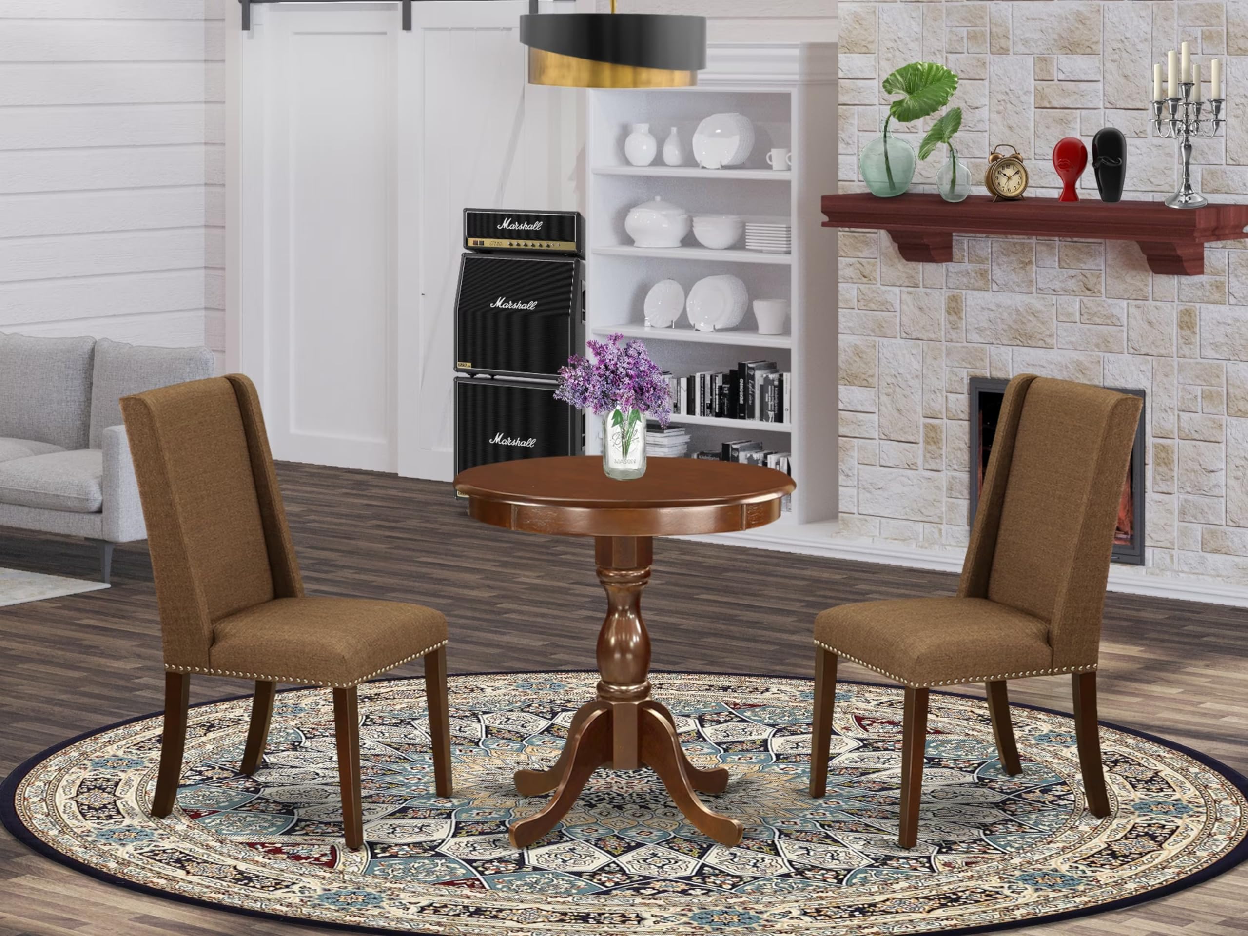 East West Furniture Esfl3-Mah-18 3 Piece Dining Room Furniture Set Contains A Round Dining Table With Pedestal And 2 Brown Linen Linen Fabric Upholstered Chairs, 30X30 Inch, Mahogany