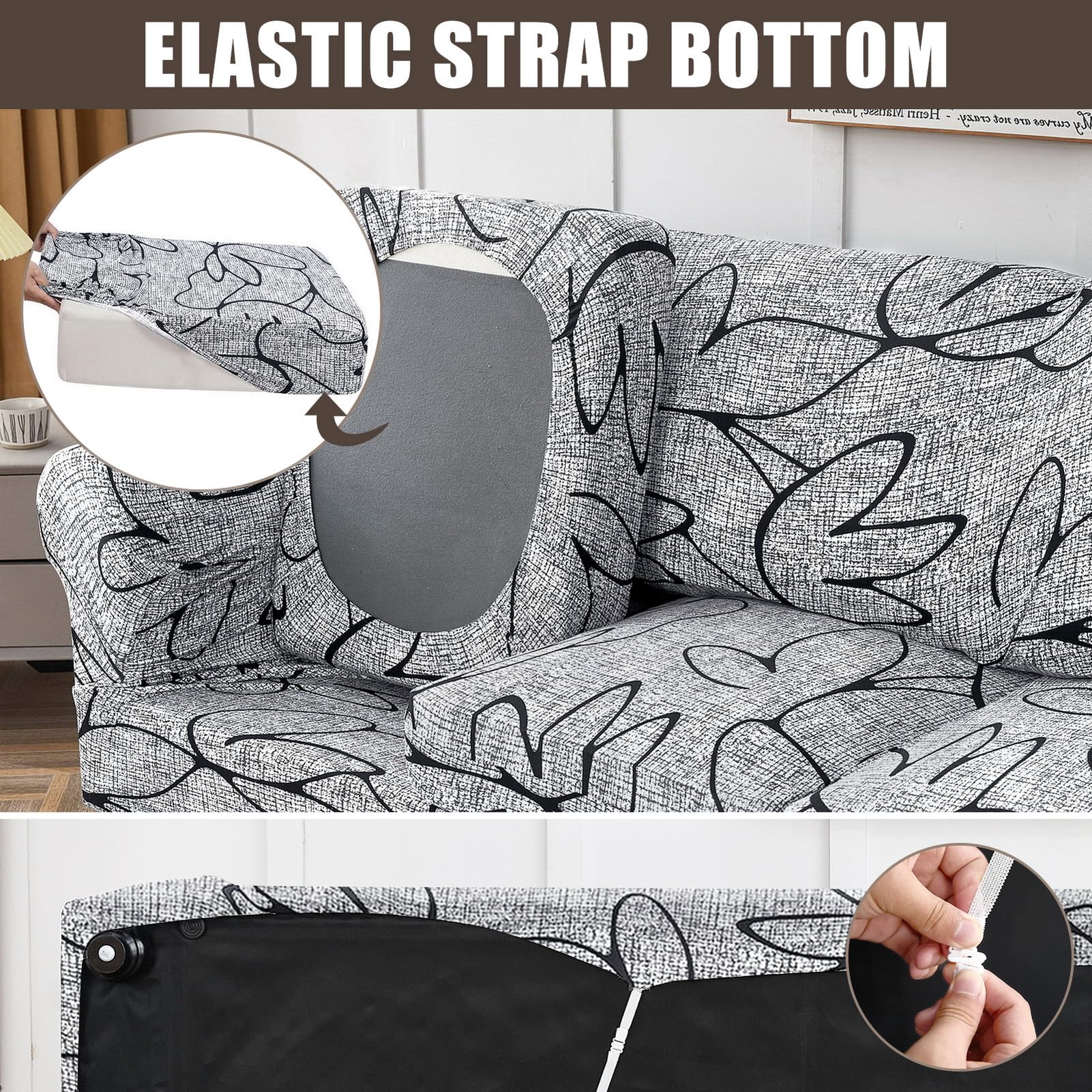 Searchi Stretch Sofa Cover Printed Couch Cover, Floral Pattern 4 Pieces Sofa Slipcover With 3 Separate Cushion Cover, Washable Furniture Protector For Living Room(Sofa, Grey Lotus+White)