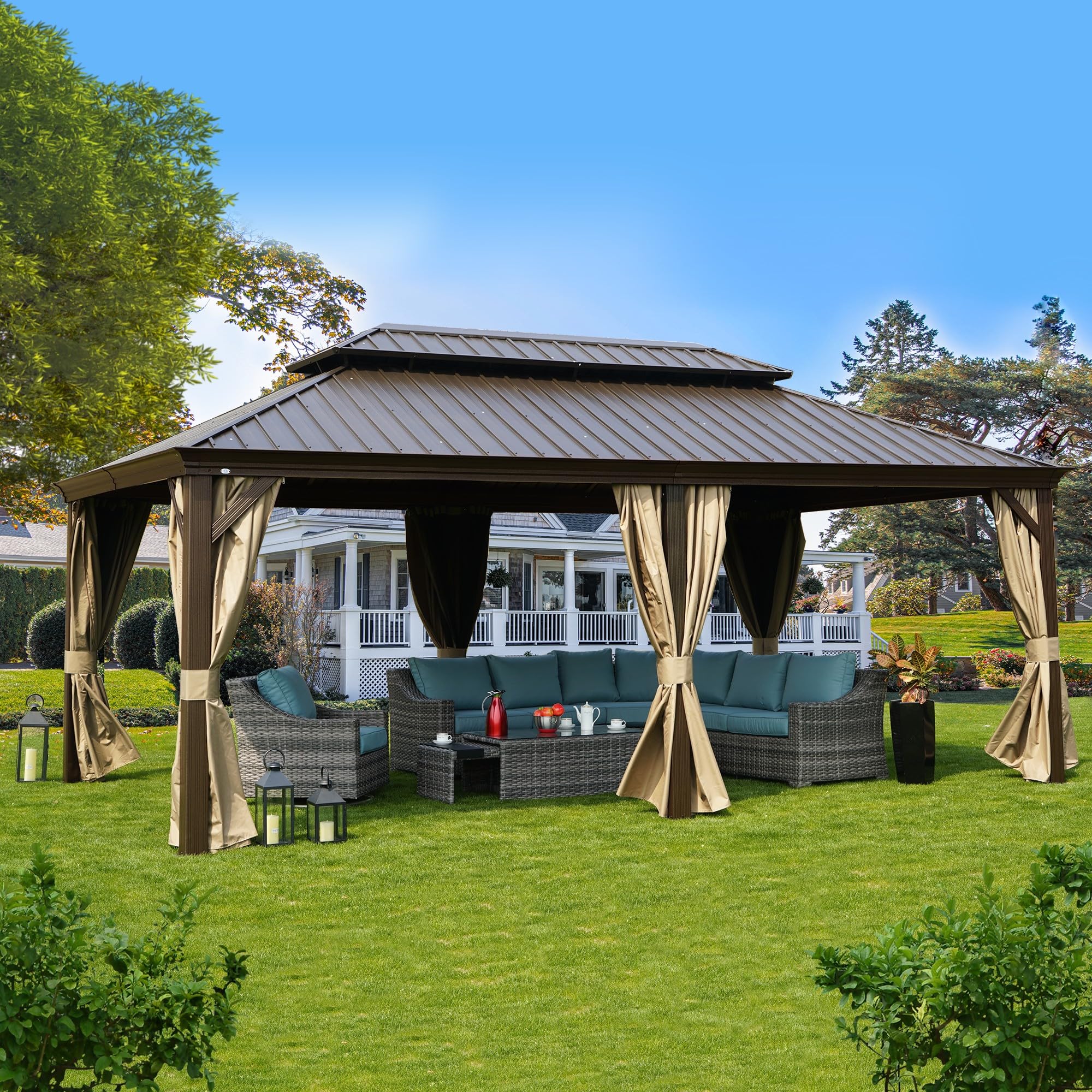Kozyard Alexander 12' X 20' Hardtop Gazebo, Aluminum Metal Gazebo With Galvanized Steel Double Roof Canopy, Curtain And Netting,