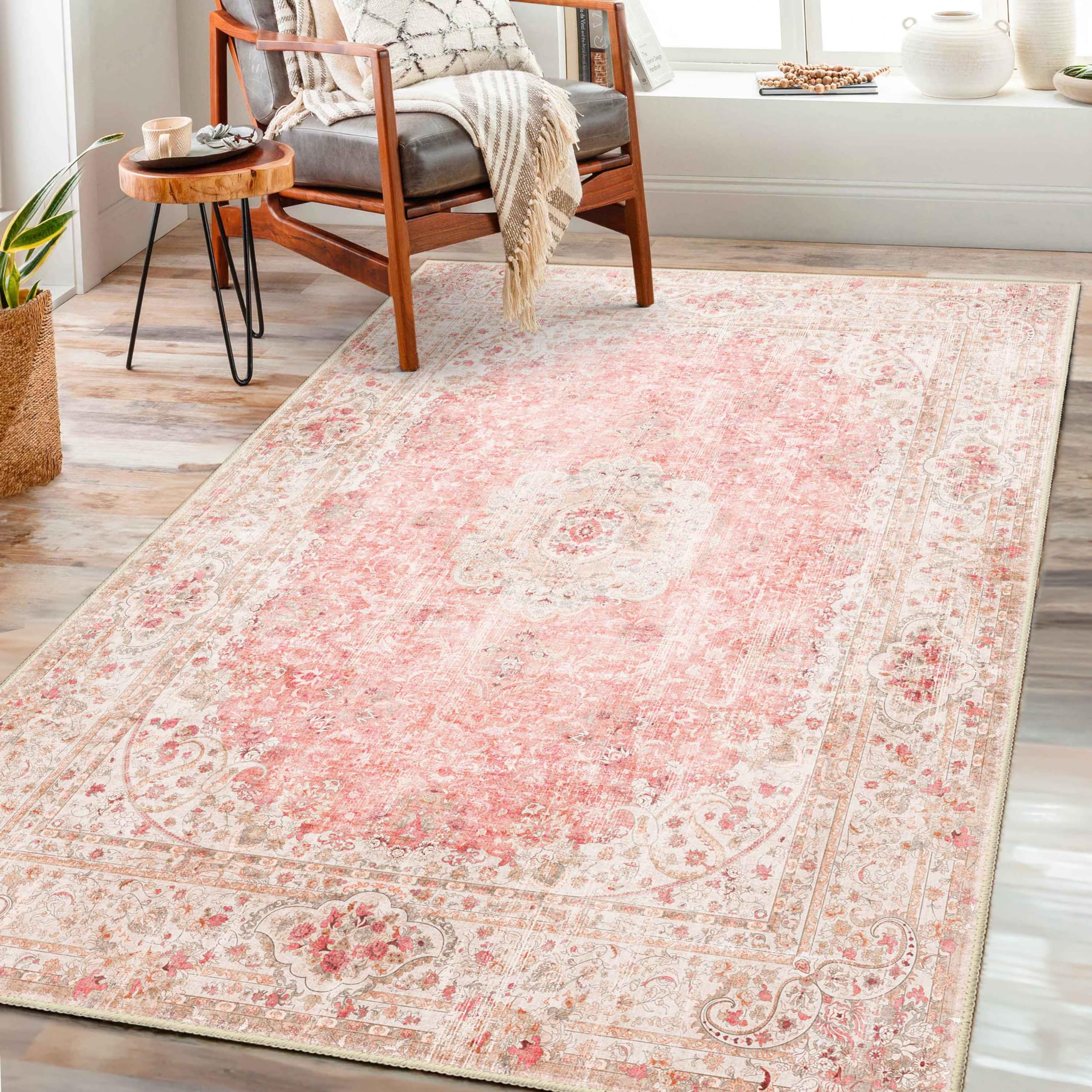Castage Pink Rug 3x5,Washable Area Rugs for Bedroom Living Room Kitchen Entryway,Small Boho Vintage Bohemian Distressed Non Slip