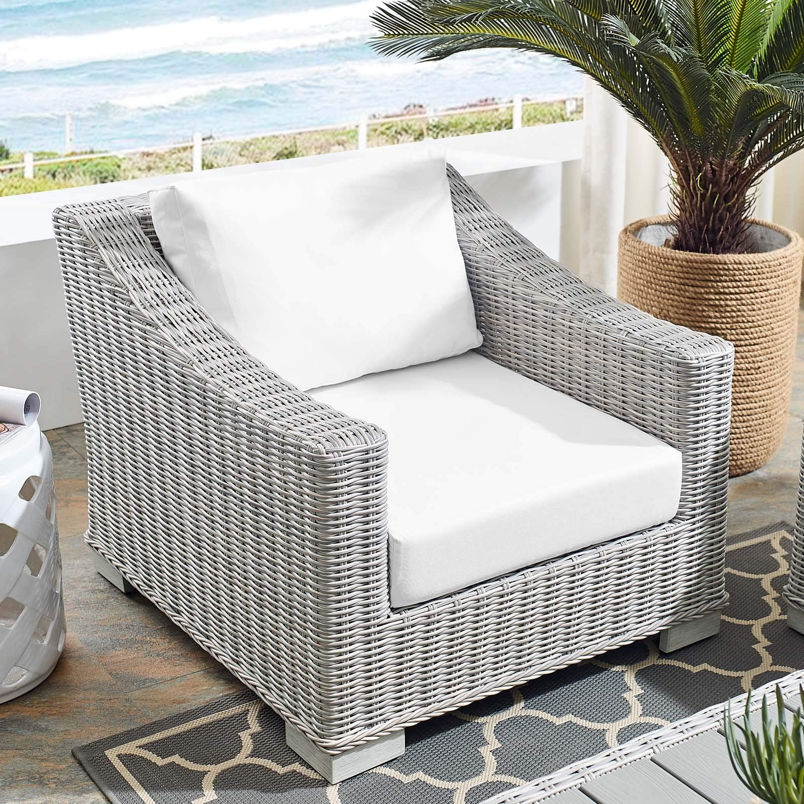 Modway Conway Sunbrella Outdoor Patio Wicker Rattan, Armchair, Light Gray White