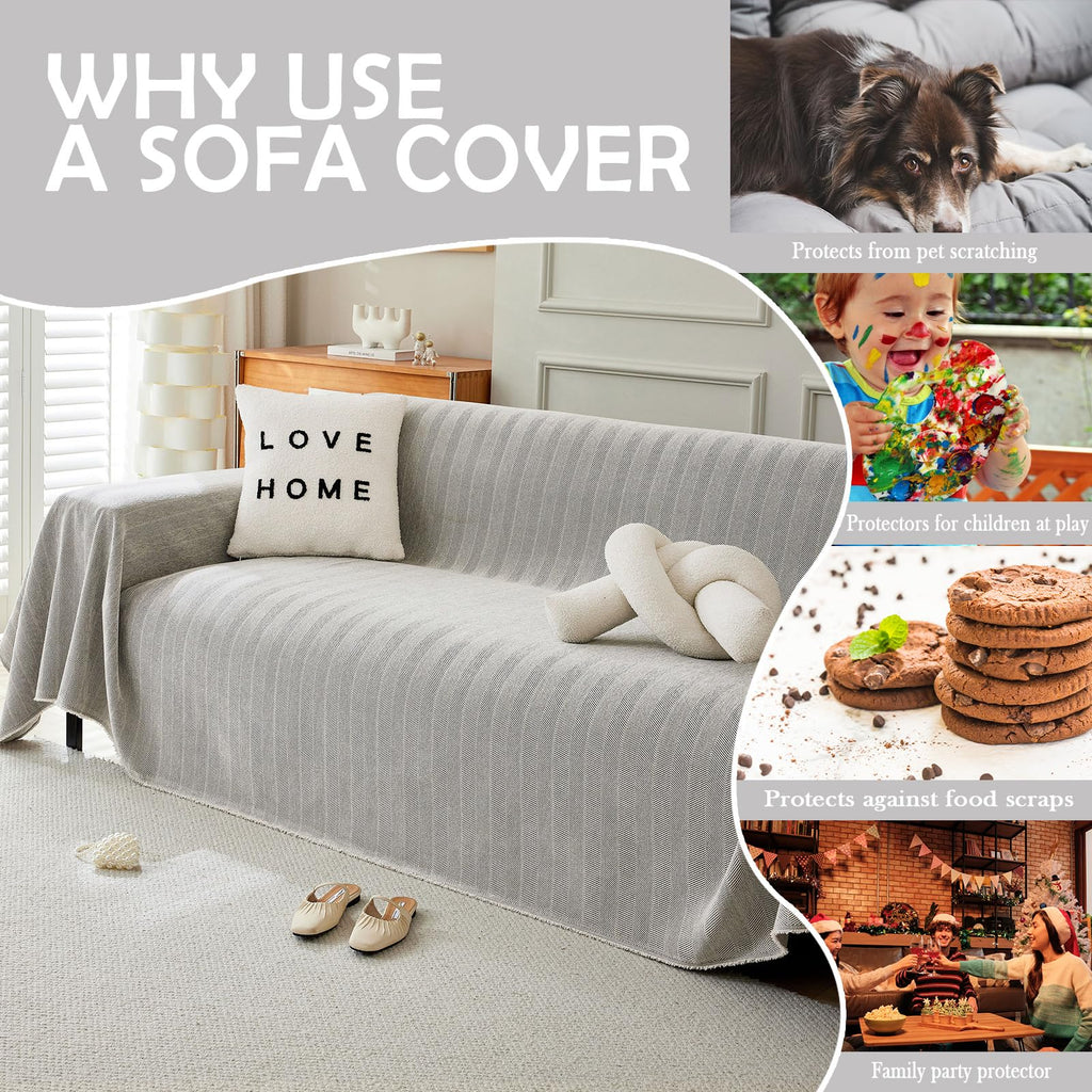 Handontime Grey Sofa Cover For Couch Boho Couch Cover For 3 Seat Couch Dog Couch Cover Love Seat Couch Covers Light Grey Sofa Sectional Cover 91' X134' Tassel Chenille Herringbone Sofa Covers